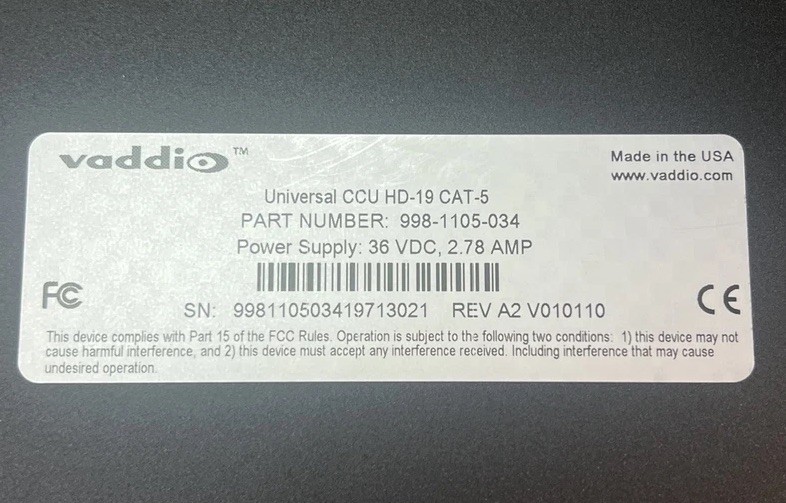 Vaddio 998-1105-034 Universal CCU HD-19 Cat5 Camera Remote Control [No PSU].