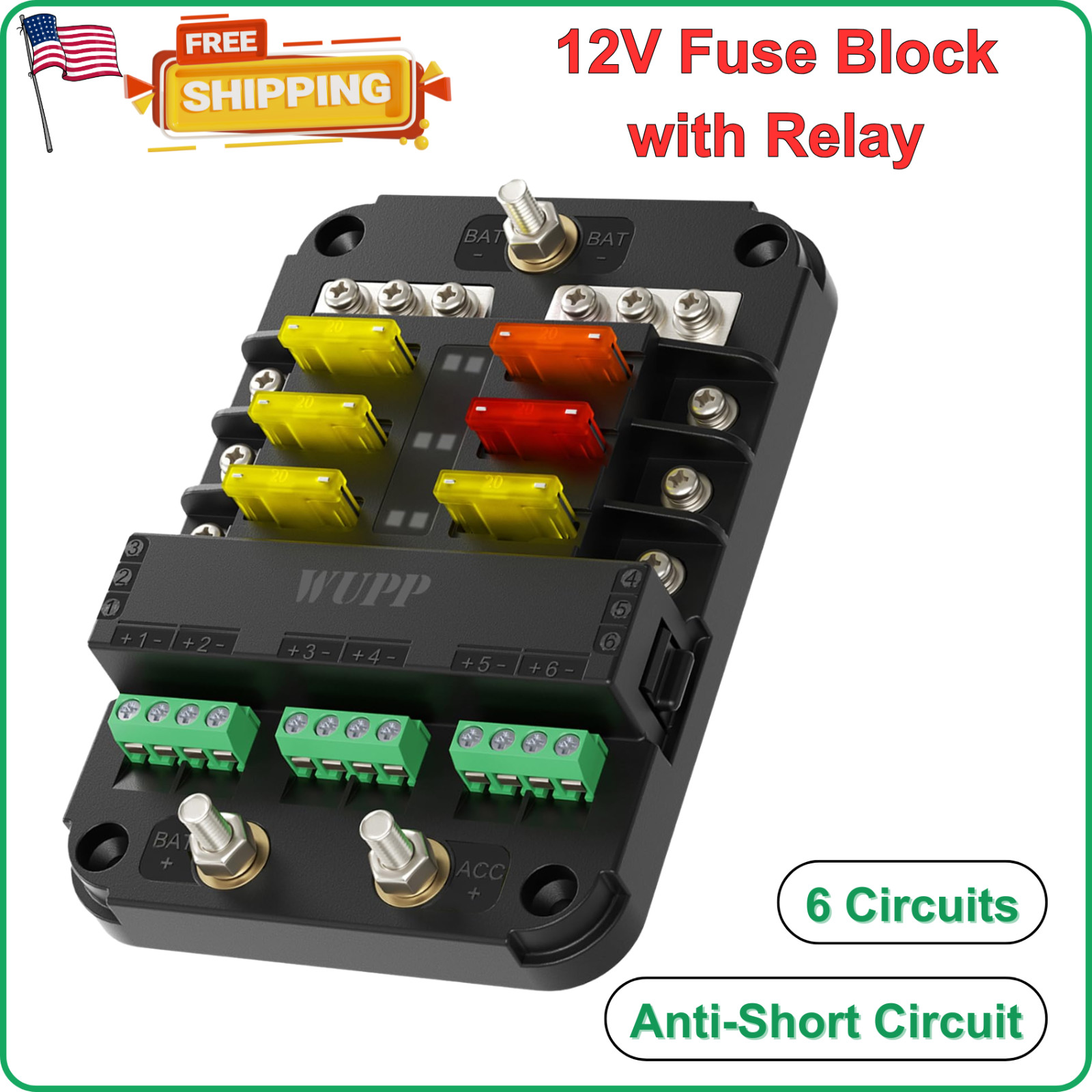 12V Fuse Block with Relay Kit, Automotive 6 Circuits Fuse Box With ACC Interface