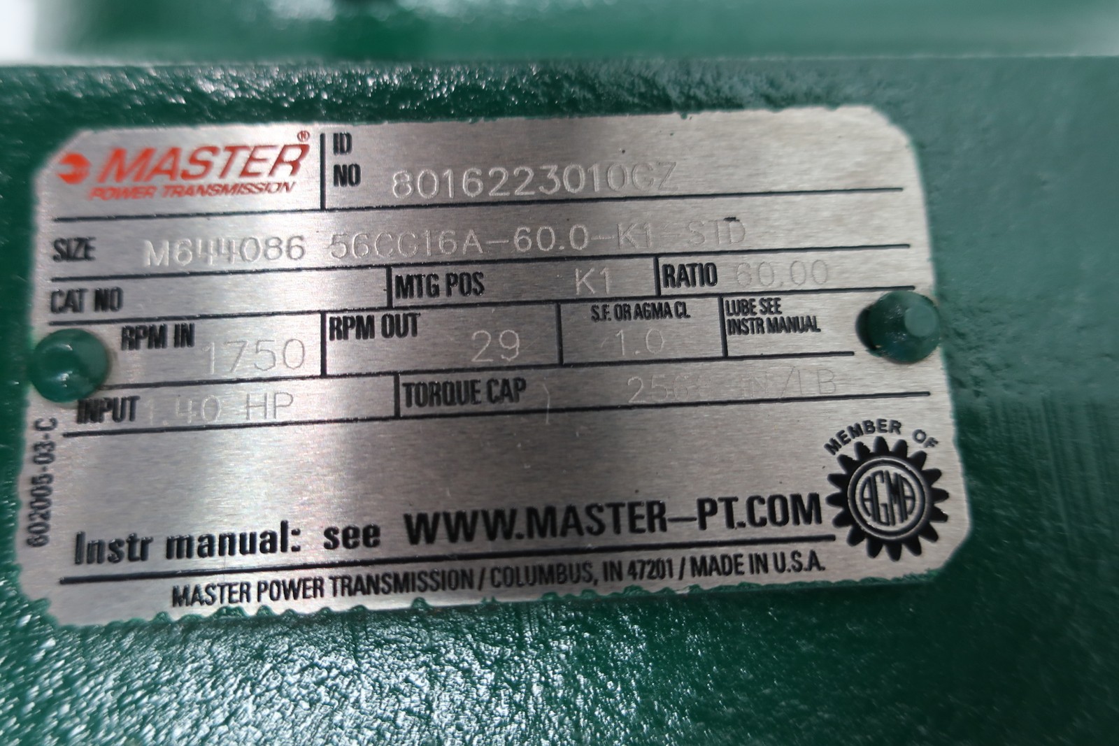 Master Power M644086-56CG16A-60.0-K1-STD Right Angle Gear Reducer 1.4hp 60:1
