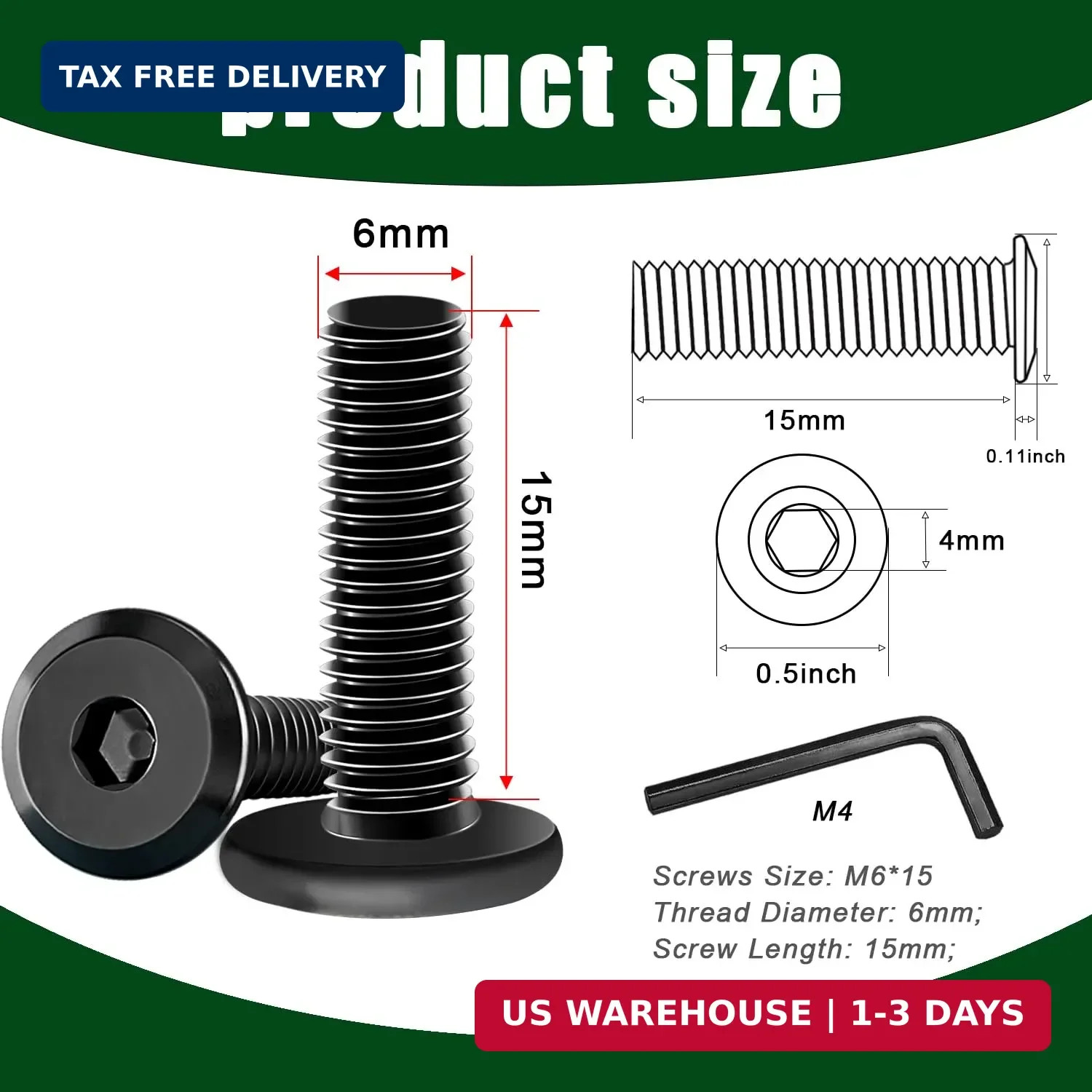 Taiss 30pcs M6 x 15mm Flat Head Socket Head Screw Furniture Bolts,Furniture Scre