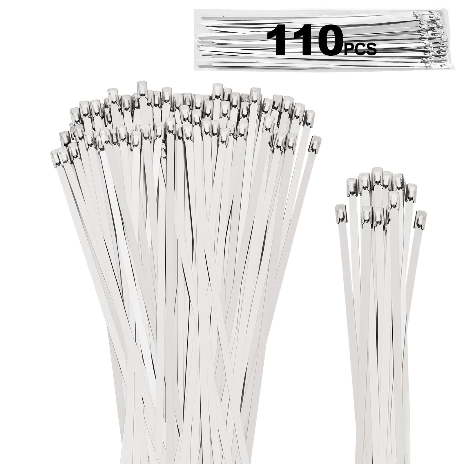 110PCS Metal Zip Ties, 11.8IN +7.8IN Stainless Steel Ties Heavy Silver