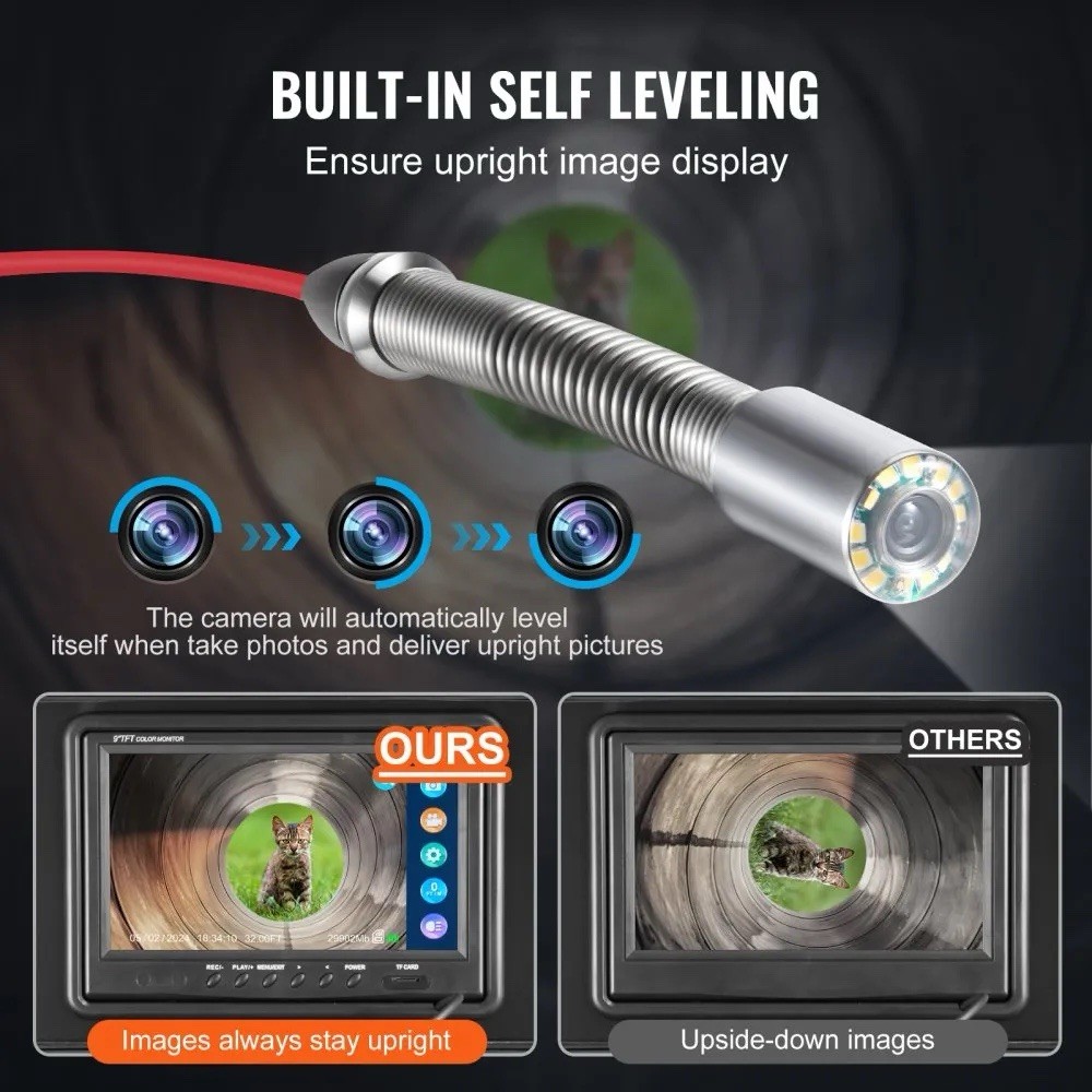 VEVOR Sewer Camera, 98 ft/30m, Self-Leveling Drain Camera with 512Hz WP9612FT