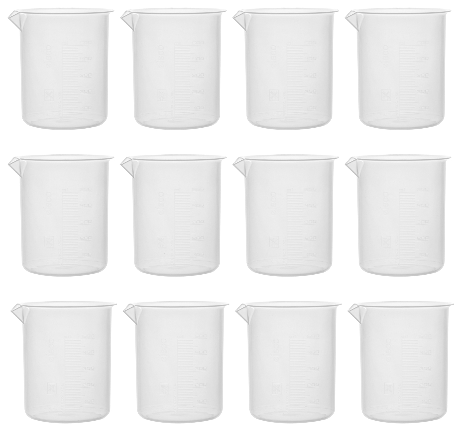Eisco Labs 500ml Polypropylene Plastic Beakers, Raised Graduations – 12 Pack