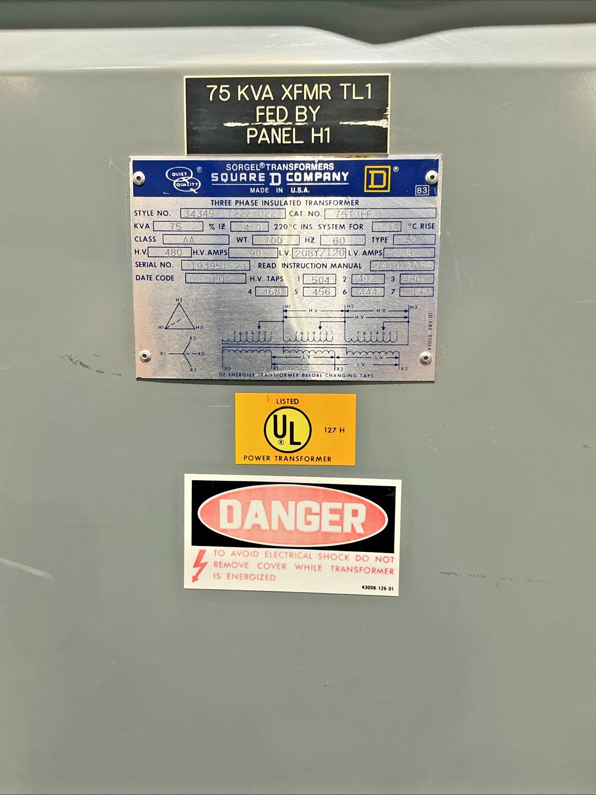 Square D 75 kVA 480V Transformer 3PH 208Y/120V 60Hz 75T3HF 🟦