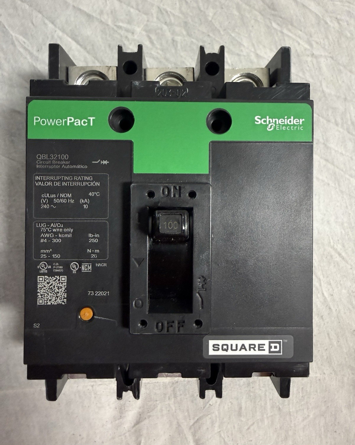 Square D PowerPacT QBL32100 3-Pole 100A 201-250Vac AC Circuit Breaker