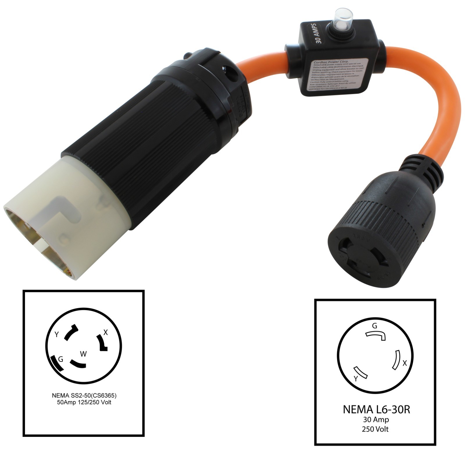AC WORKS® SS2‑50P to L6‑30R Adapter w/ 30A Breaker, Heavy‑Duty STW 10/3