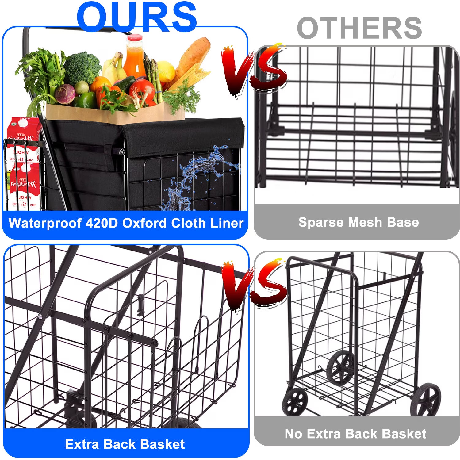 Folding Shopping Cart, Utility Trolley w/Removable Basket, Swivel Wheels, Black