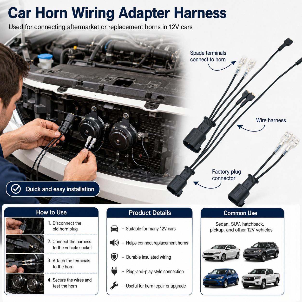Car Horn Connector Adapter Wiring Harness 3PCS Pigtail for Ford Chevy GMC Ram Te