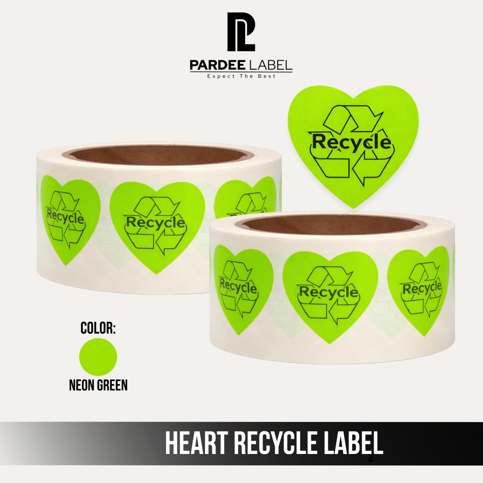 Heart Recycle Stickers Neon Green 1-3/4” 250 Labels per Roll