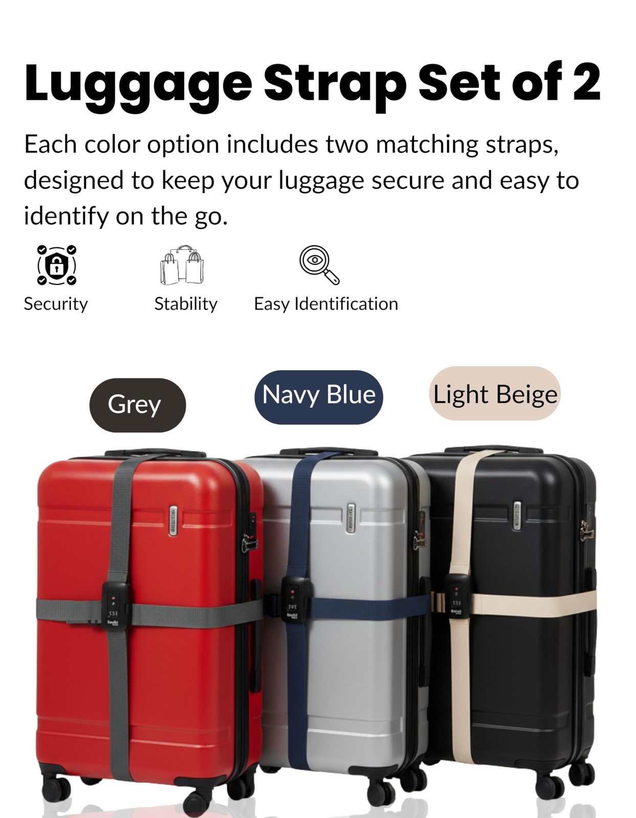 TSA Approved Luggage Straps Light Beige Set of 2 Anti-Burst Adjustable Polyes…