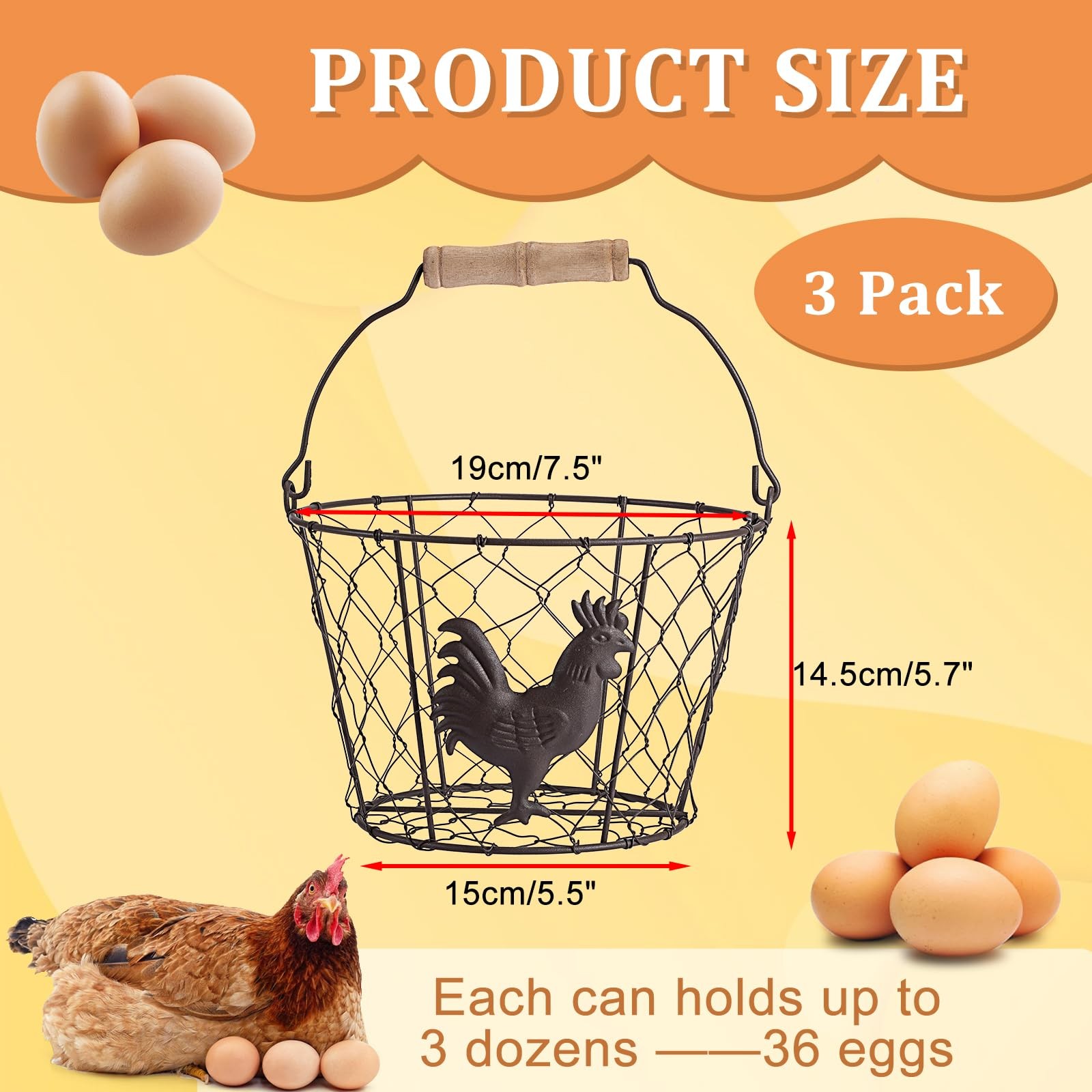 3 PCS 8’’ Farmhouse Egg Collecting Basket with Wood Handle, Rustic Metal Wire…