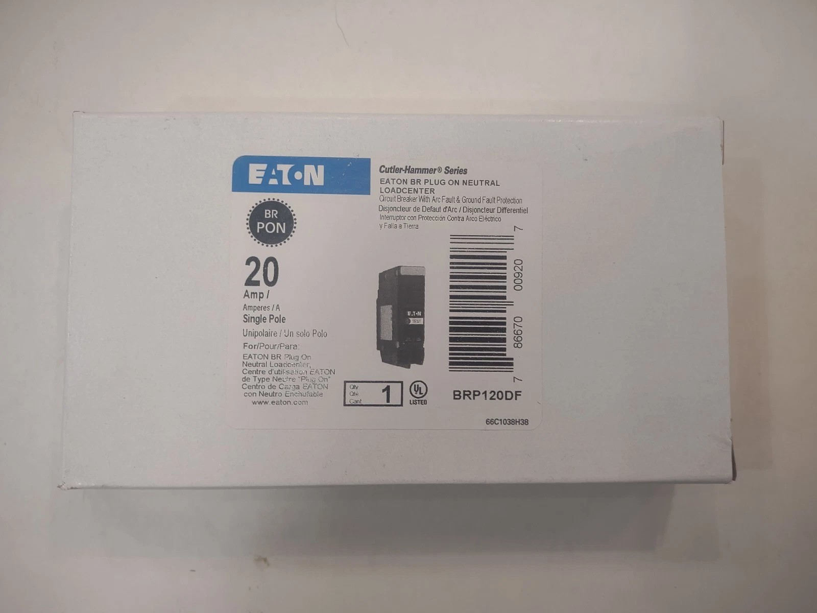Eaton BRP120DF Arc Fault/Gfci Breaker, 20A, Neutral Plug-On