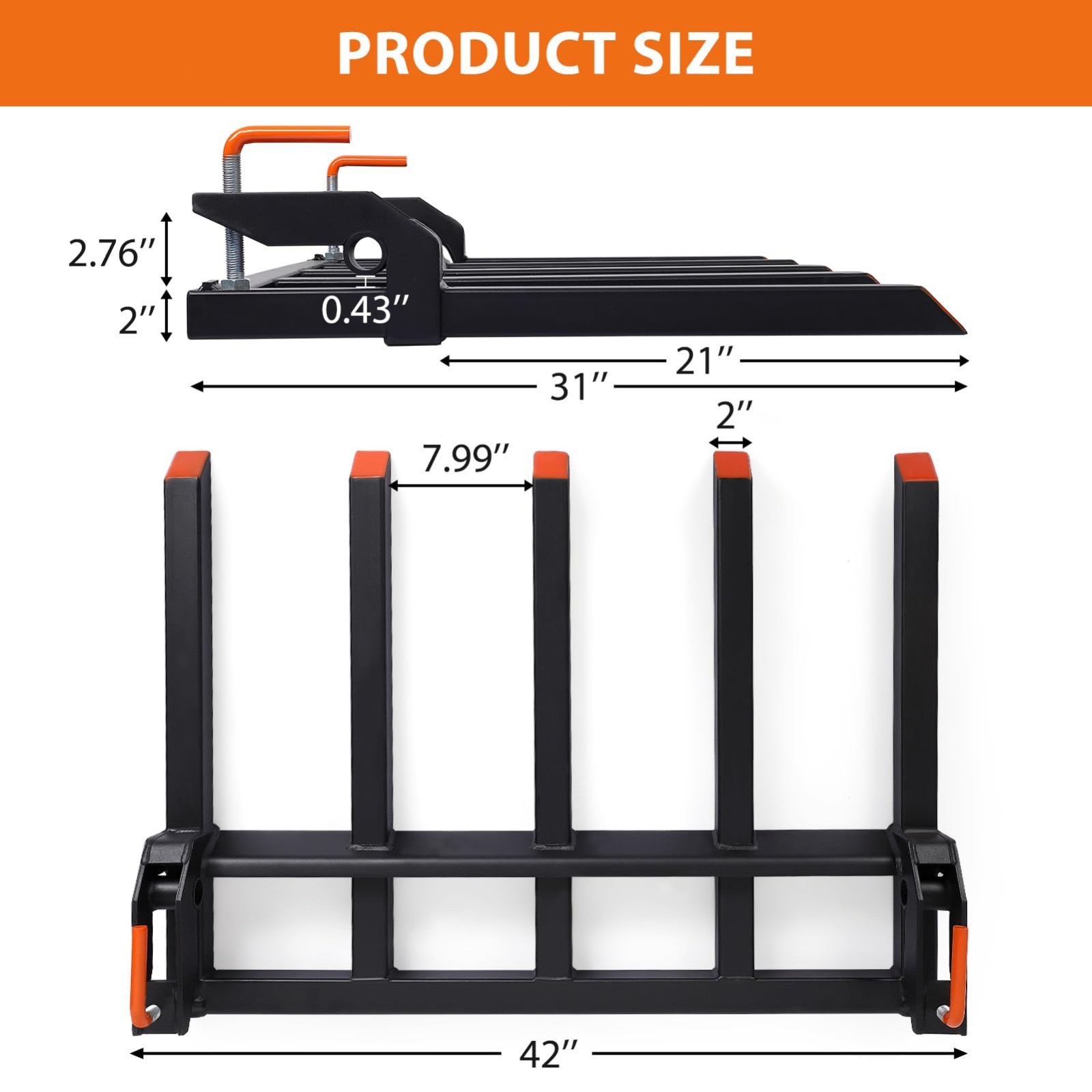 Clamp-On Debris Forks for 48″ Tractor Bucket ,2500 LBS with 5 Tines Pallet Forks