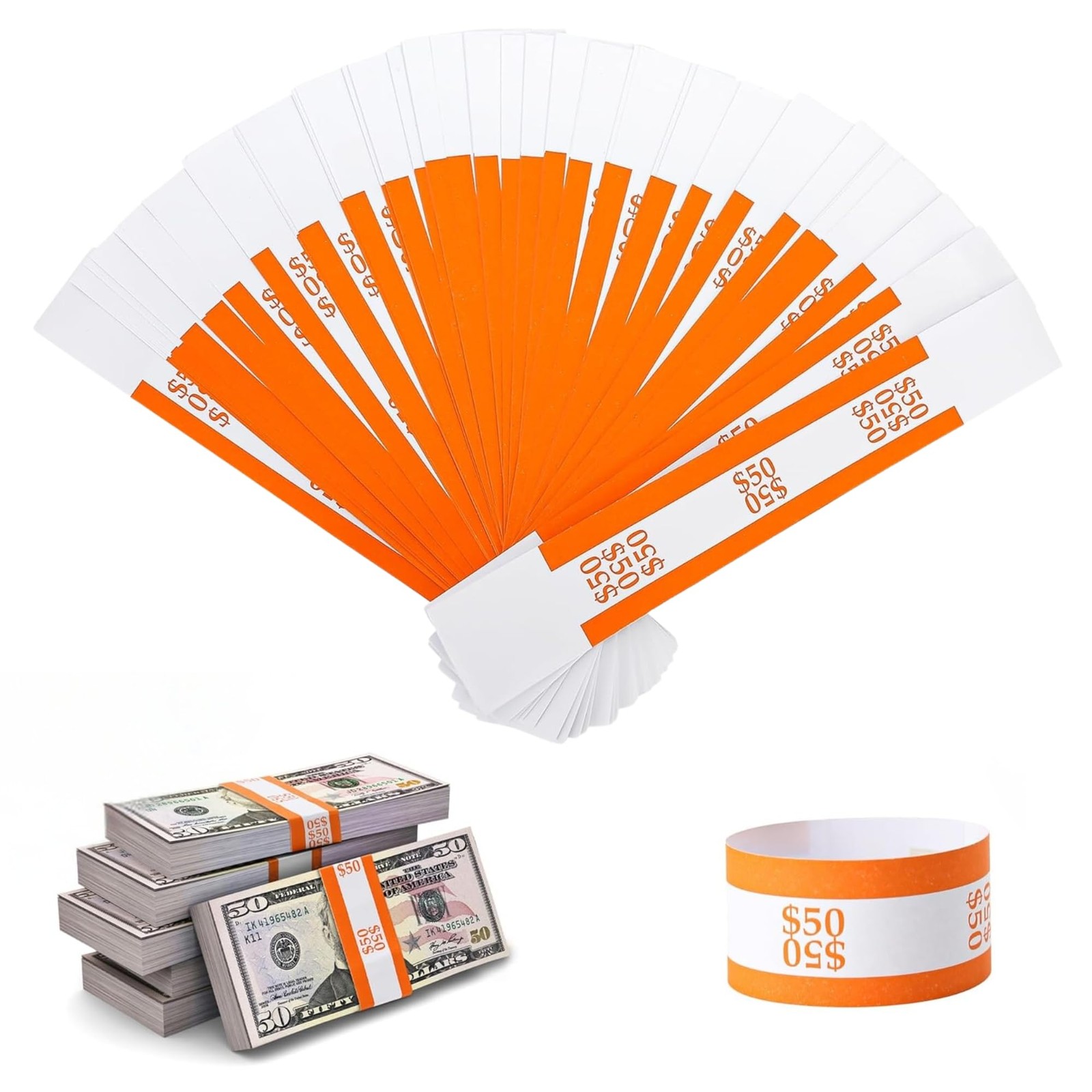Self-Sealing Currency Straps – Pack of 100 Orange Bands for $50 Bills -…