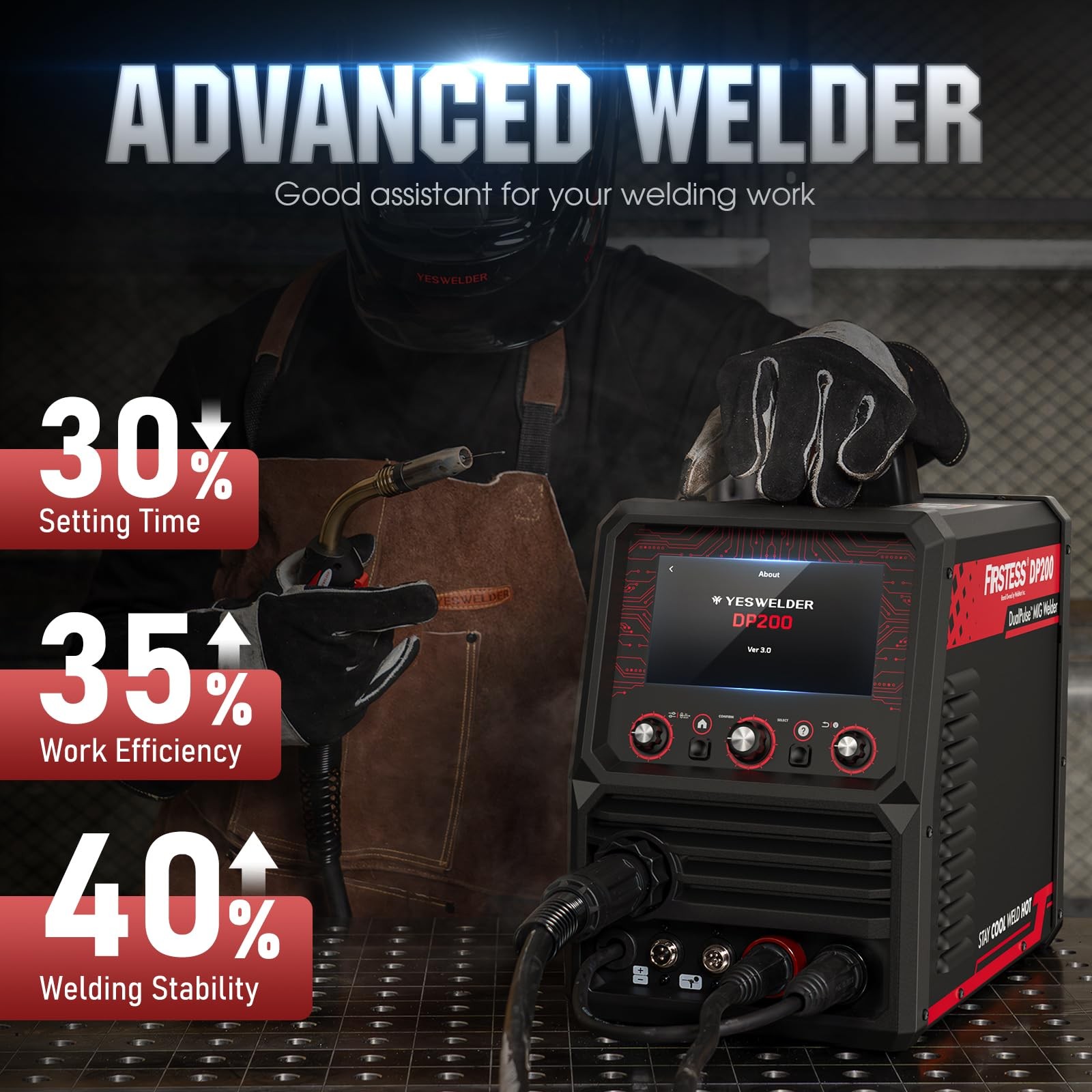 YESWELDER Firstess DP200 Dual Pulse,7-Inch 17.32×9.45×16.14 in, Black, Red