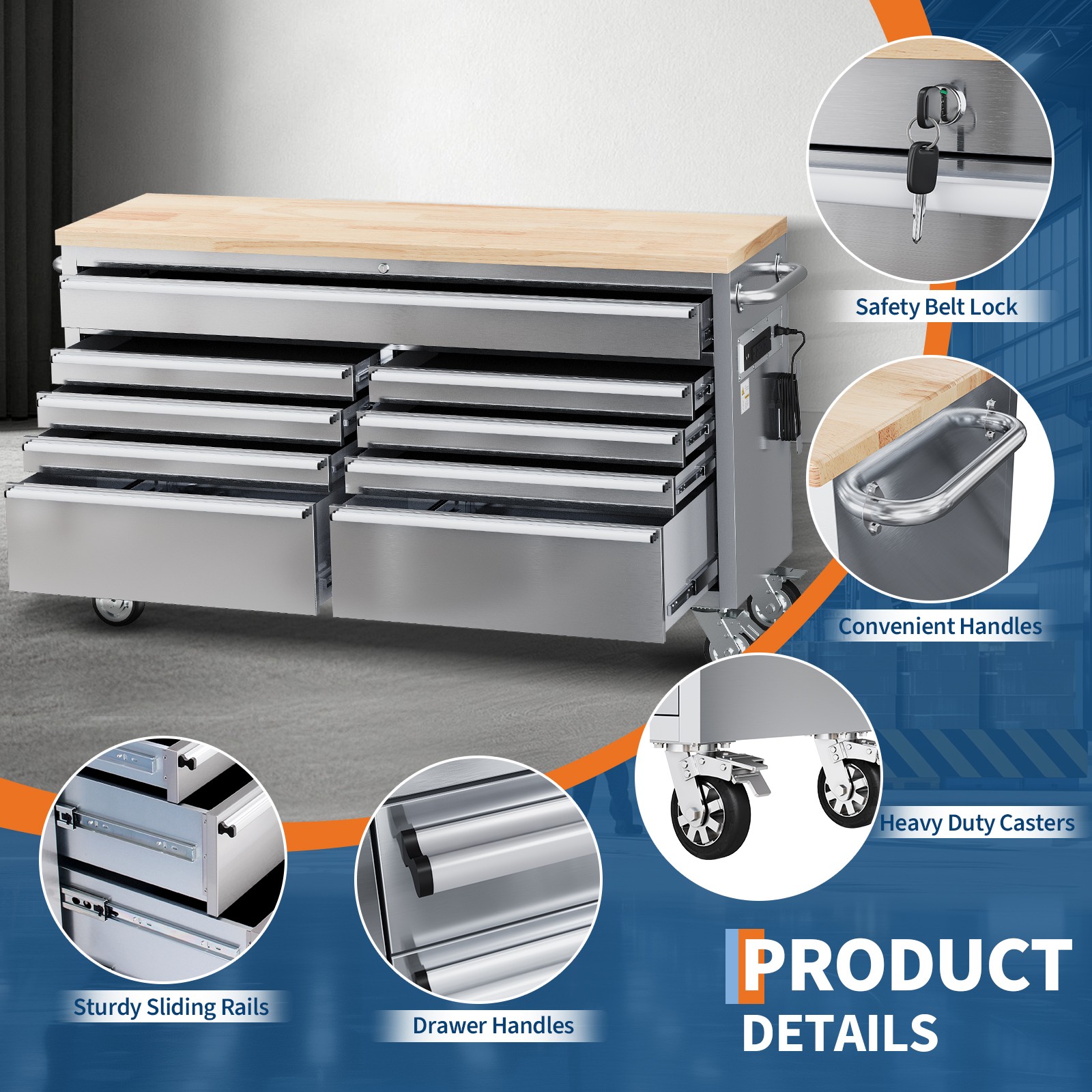 Garvee 61″ 15Drawer Rolling Tool Chest Locking Stainless Steel Cabinet W/ Liners