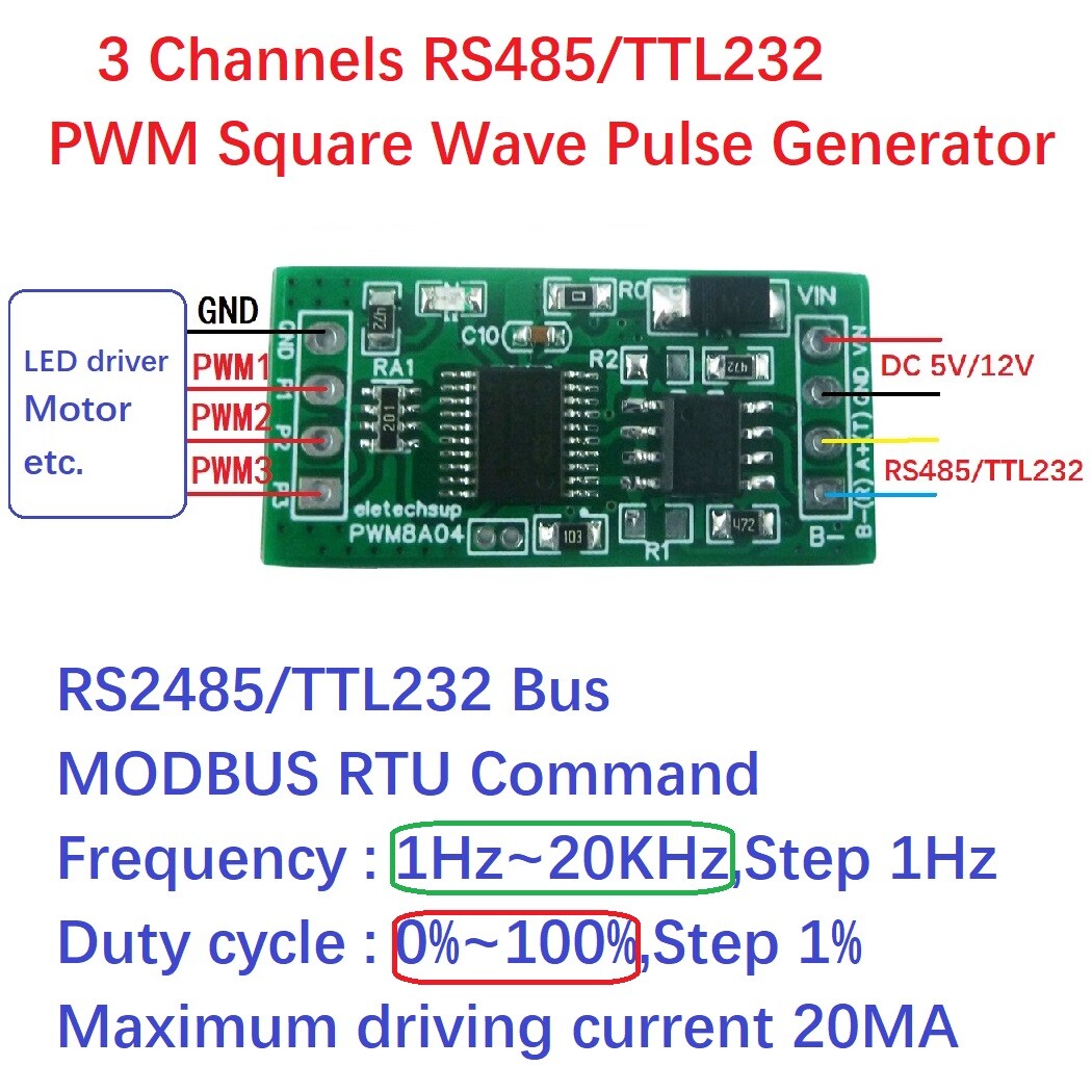 3 Ch RS485 PWM Square Wave Pulse signal Generator UART RS232 RS485 Bus Modbus