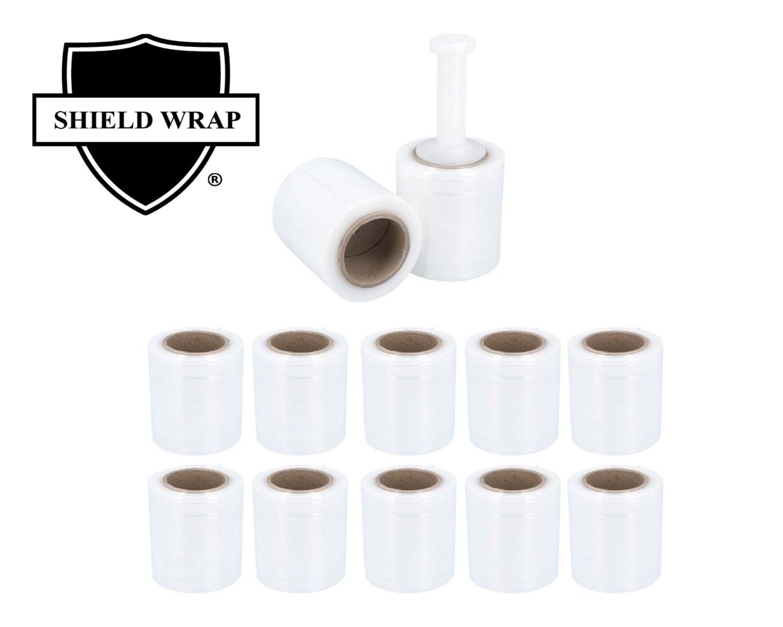 Mini Stretch Wrap Shrink Film, 12 Rolls, 5″x1000′, 50 Gauge, with Plastic Handle