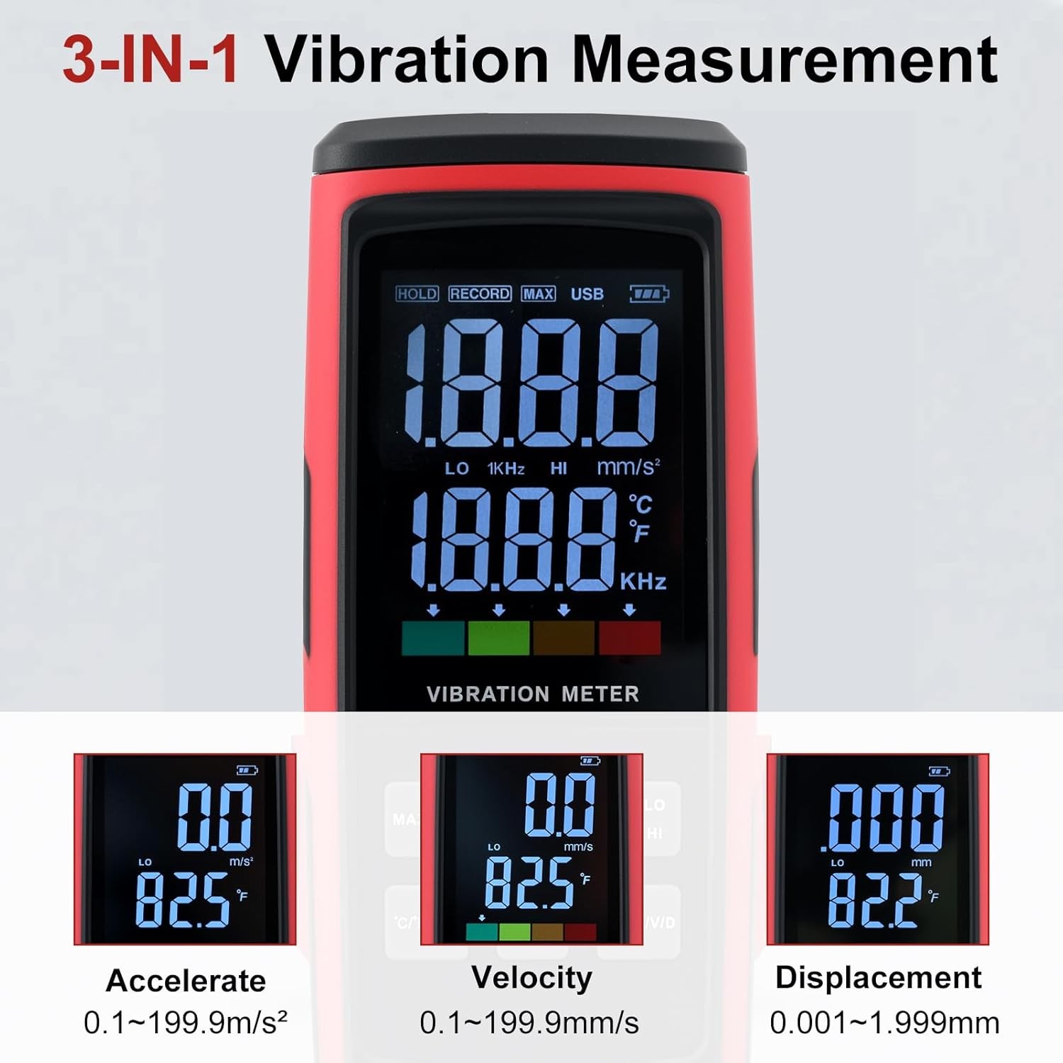 Digital Vibration Meter 3 Probe Vibration Analyzer Dual bands High-Precision US