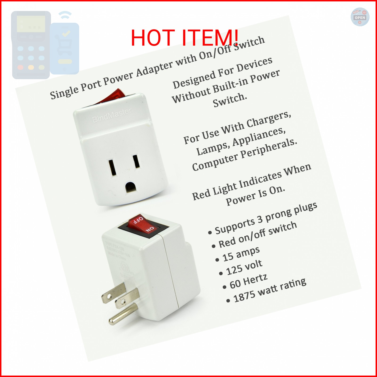 3 Prong Grounded Single Port Power Adapter for Outlet with Indicator Lighted On/
