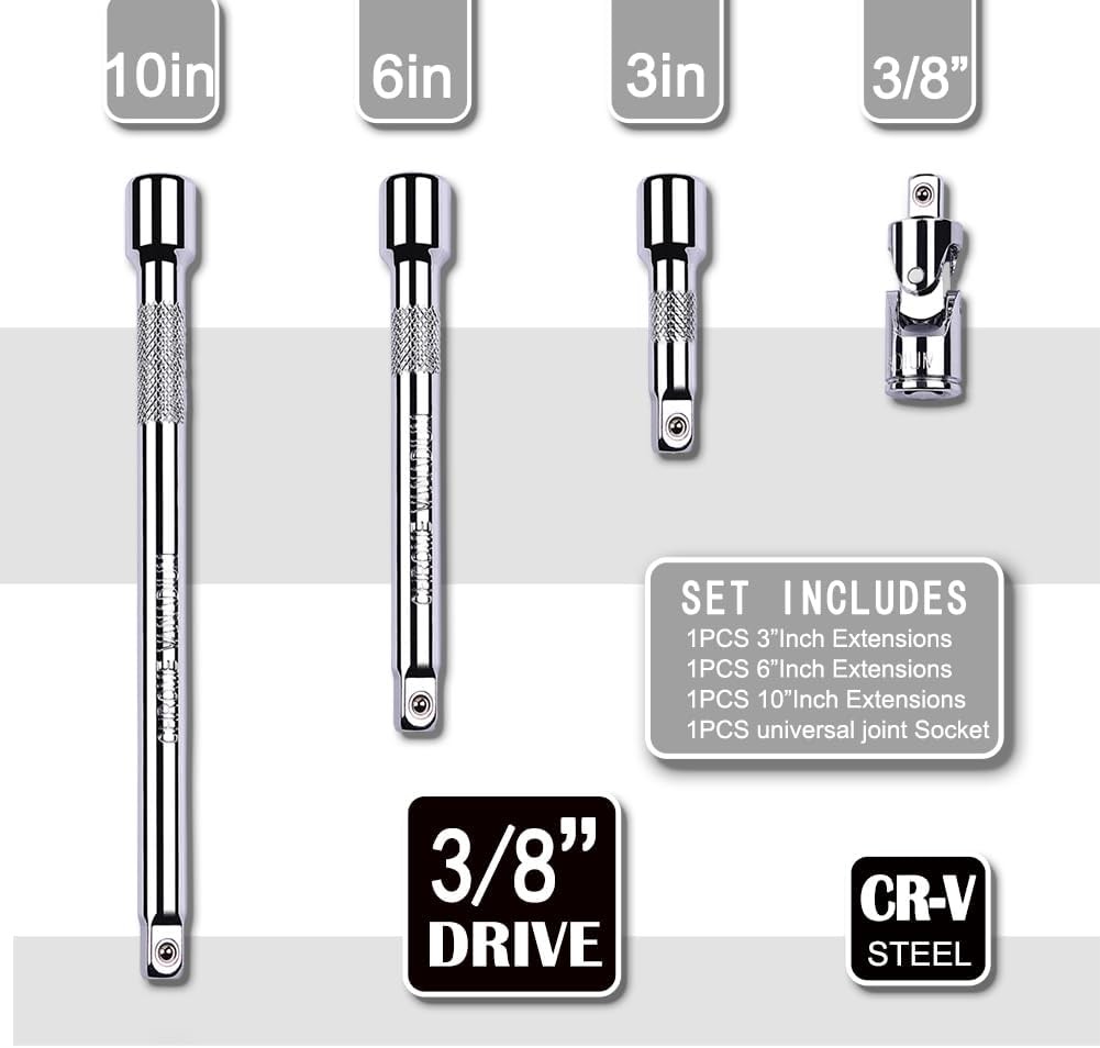 4-Piece 3/8 Inch Drive Extension Bar Set, Includes 3, 6, 3/8″ Drive, Silver