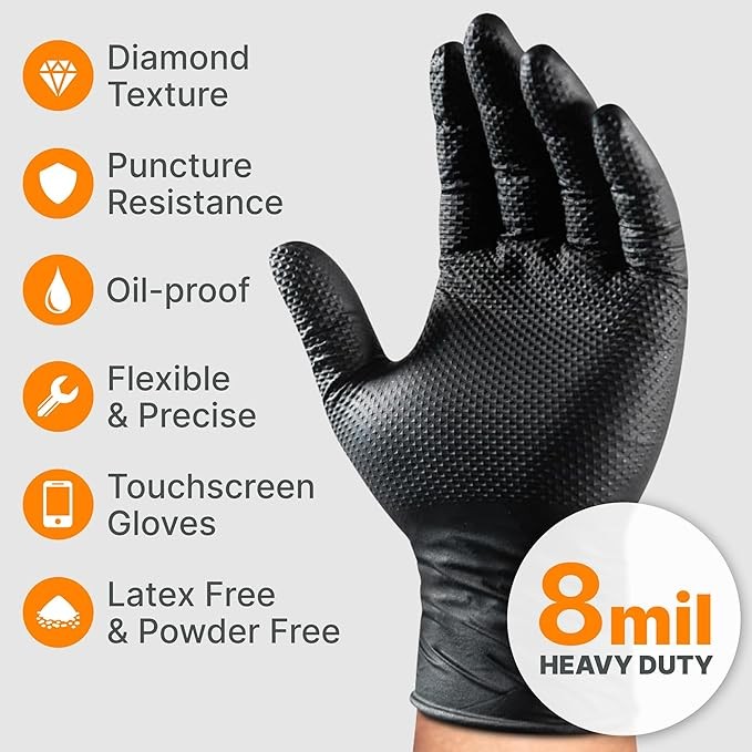Black Nitrile Gloves 8 Mil | Latex-Free, Powder-Free | 100–1000PCS S–XL, Heavy-D