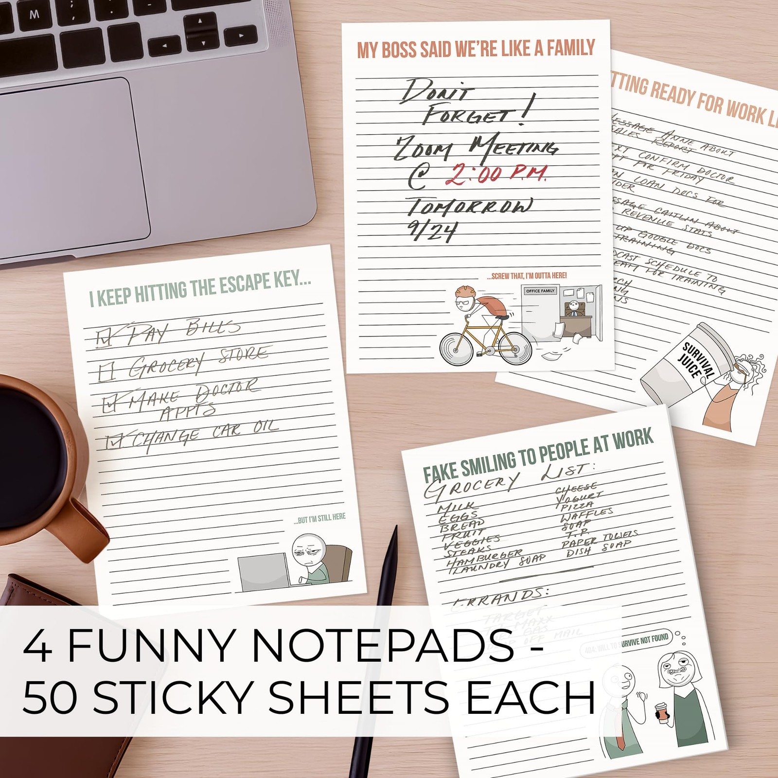 Super Funny Notepads Office Gift Women Coworkers Set of 4 Memo Pads w/ 50 Sheets