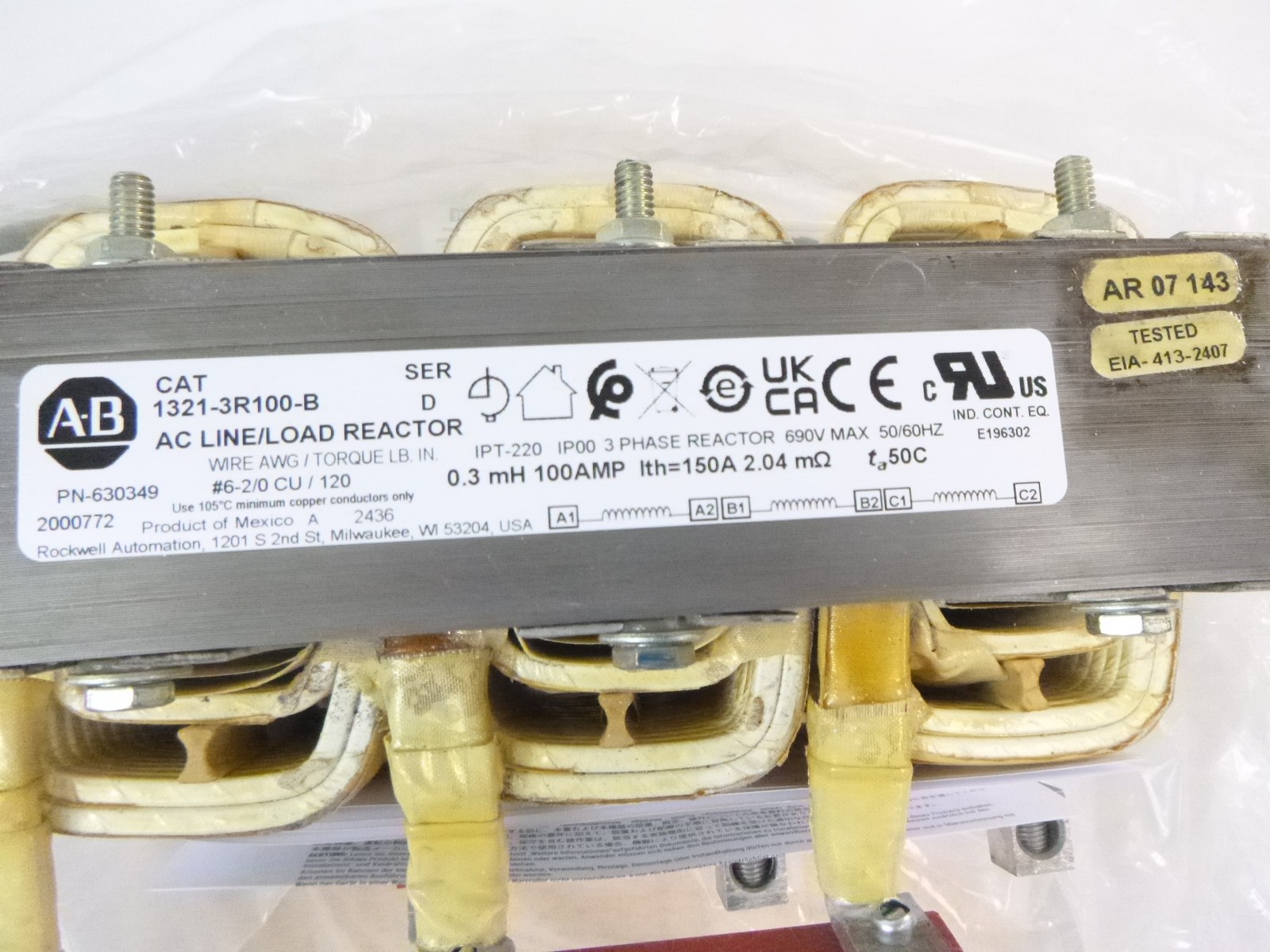 Allen Bradley Input Output Line Reactor Three Phase IP00 UL/NEMA 1321-3R100-B