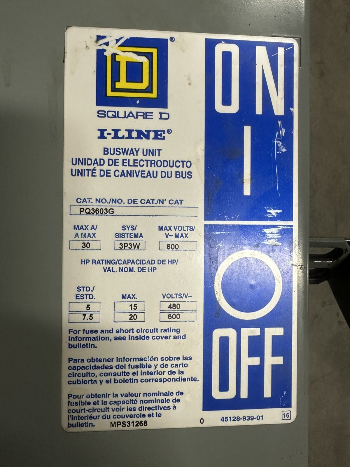 SQUARE D PQ3603G Ser 4 30A 30 Amp 3P 3W 600V I-Line Busway Unit Switch Buss Plug