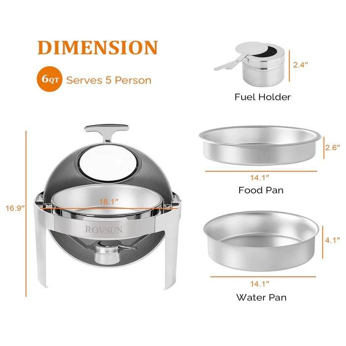 6Qt Round Roll Top Chafing Dish Buffet Set with Glass Window Silver for Wedding
