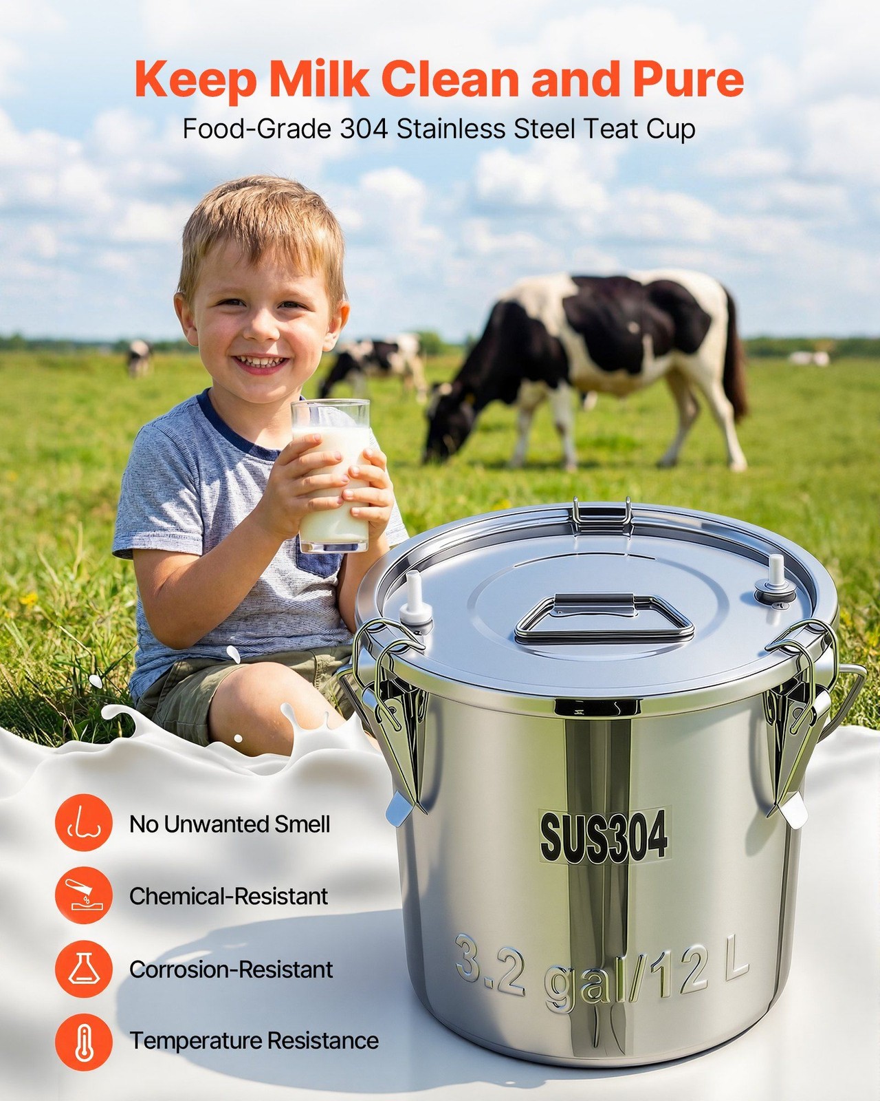 Goat Milking Machine w/ Adjustable Suction (45-50kPa), 12L SS Bucket, Battery
