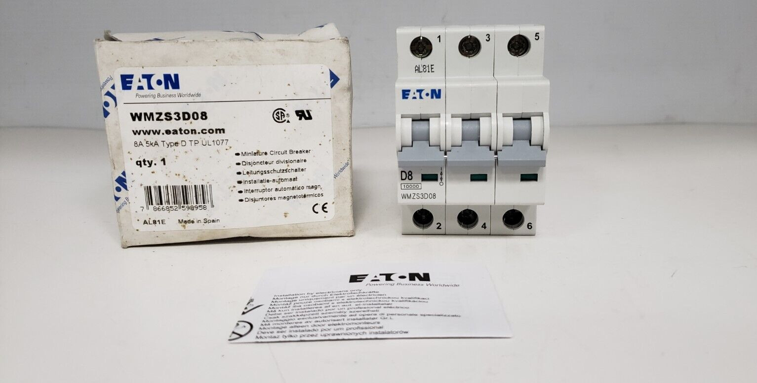 EATON WMZS3D08 (FAZ-D8-3) CIRCUIT BREAKER, 3P, 8A, 277/480VAC, 5kA, TYPE D, NIB