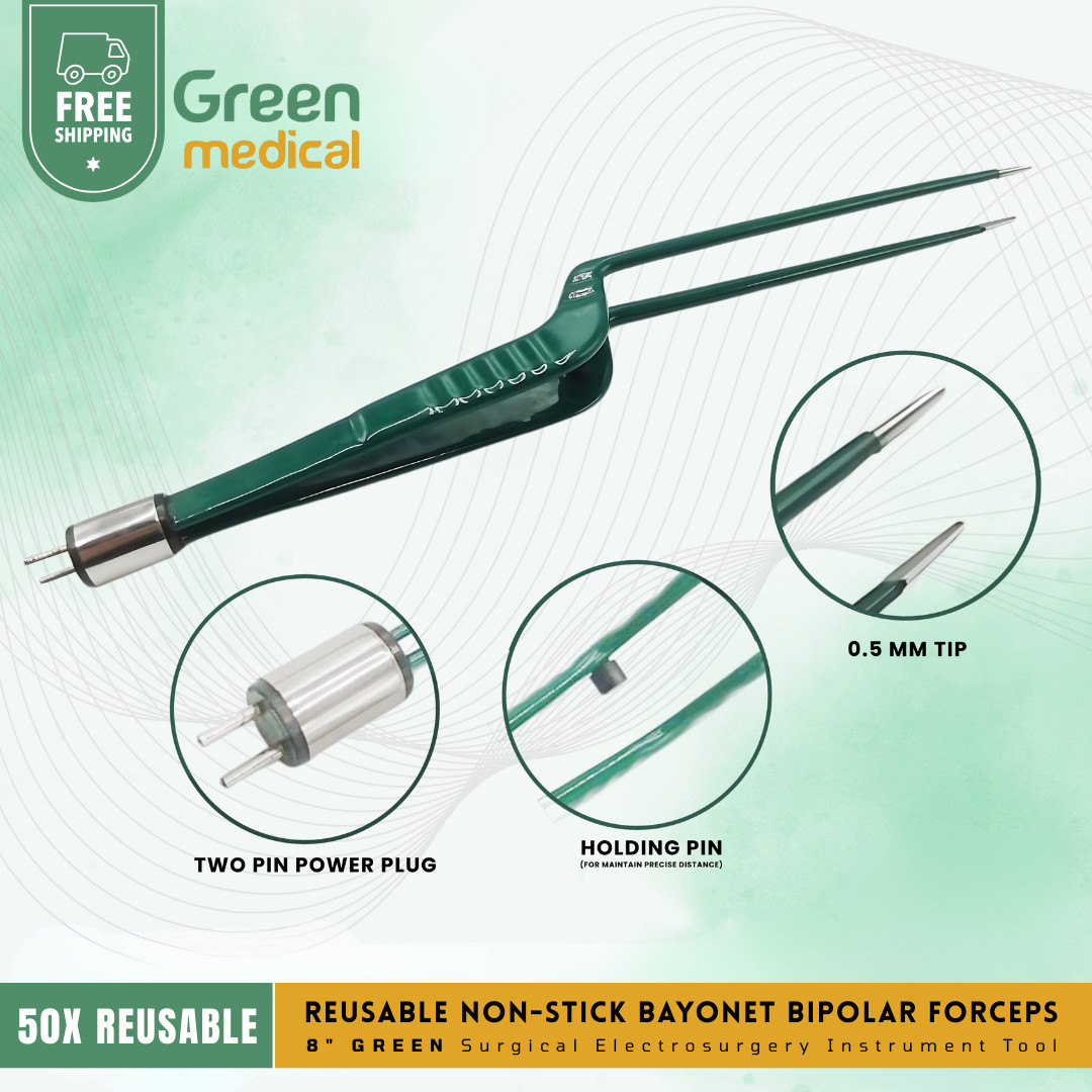 Reusable Non-Stick Bayonet Bipolar Forceps 8″ Green Electrosurgery Instruments