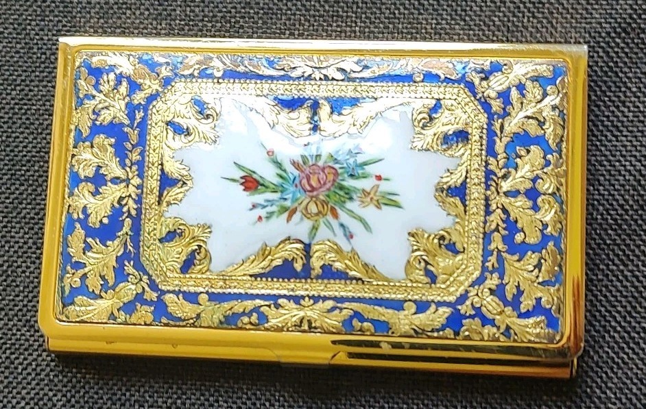 Vtg French Blue Enamel Business Card Holder Case Floral Gold Leaf Royal