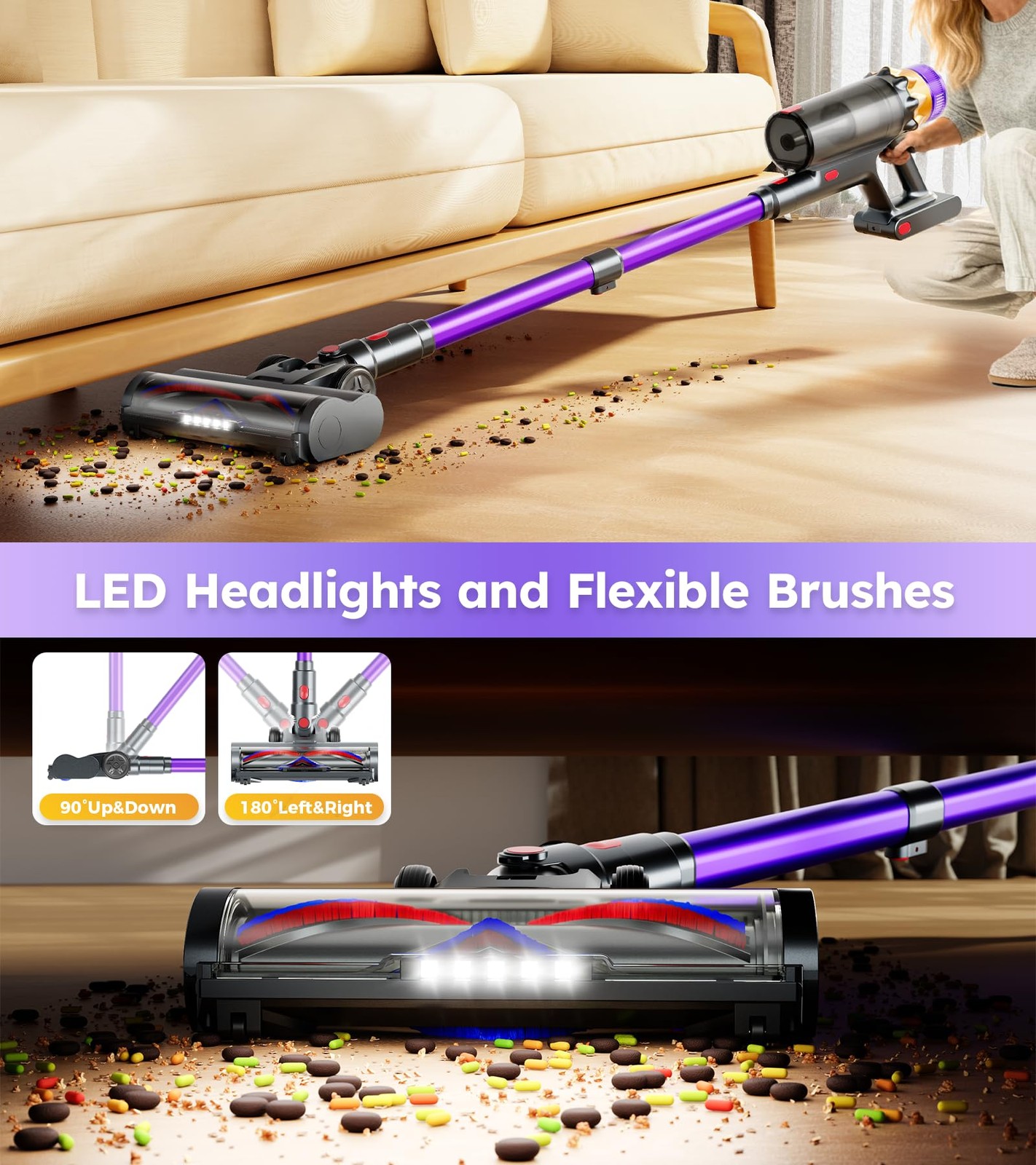 Rendow Cordless Vacuum Cleaner 500W 50Kpa 60Mins Vacuum Cleaners For Home