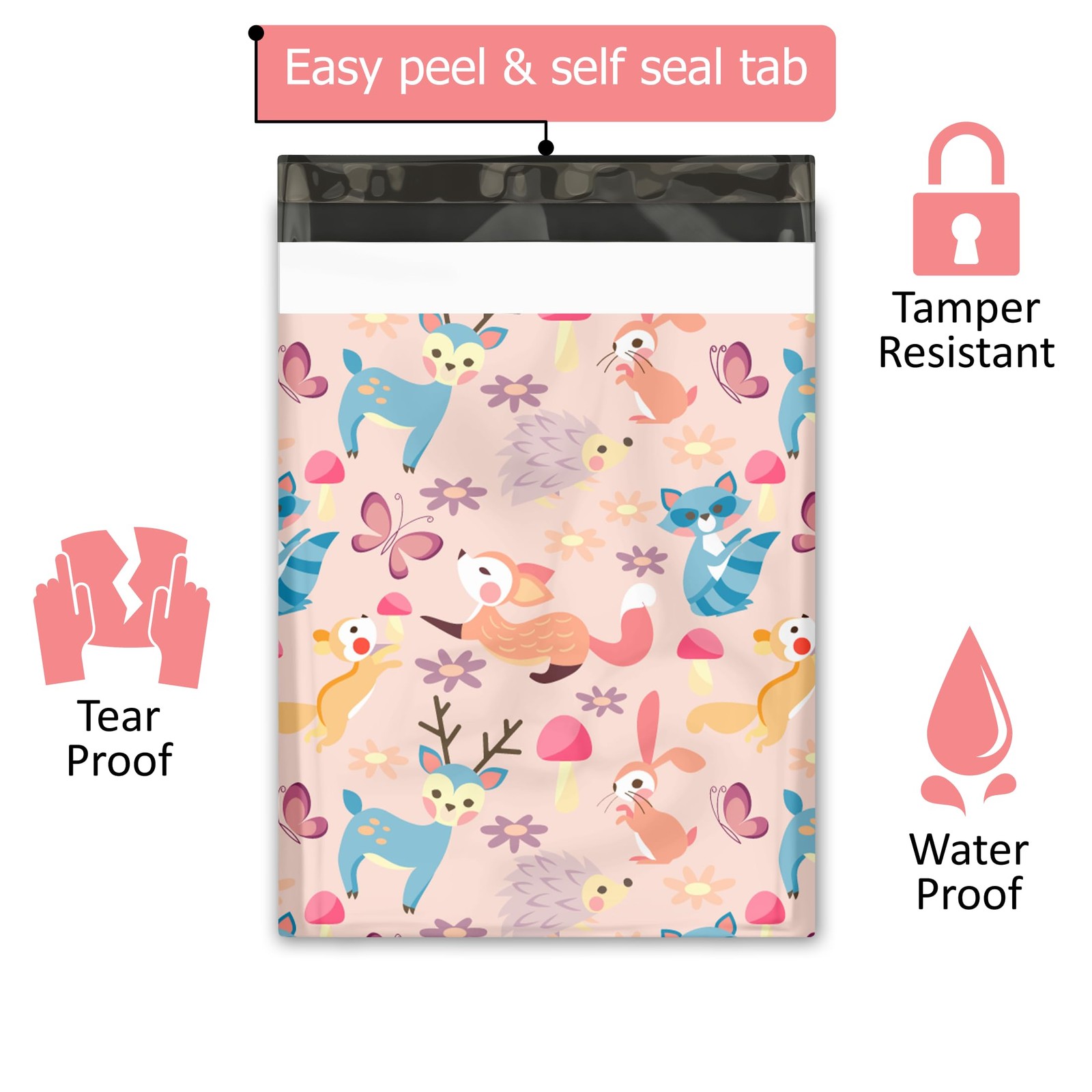 100 PCS Woodland Critters Designer Poly Mailers Envelopes 10×13 Inch