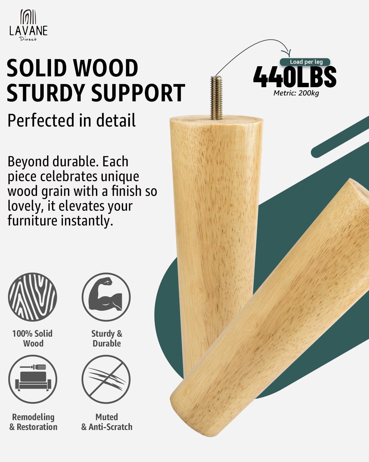 La Vane 6 inch / 15cm Solid Wood Furniture Legs – 4PCS – 6″ / 15cm, Tapered