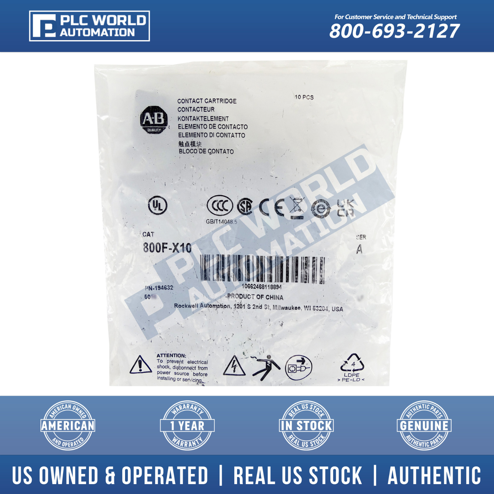 Allen Bradley 800F-X10 Contact Block, 1 NO, 10 A, Screw, Pack of 10, New Sealed