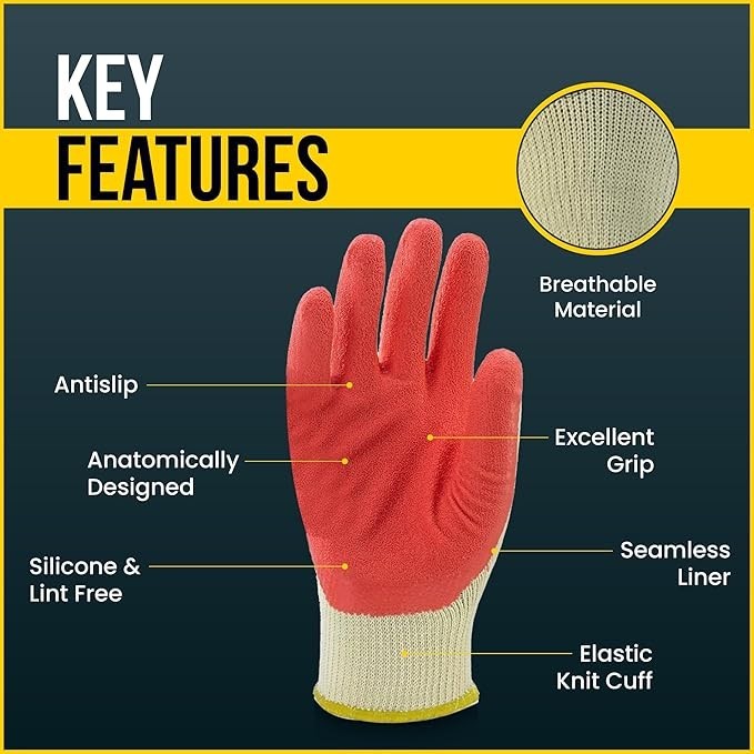 WHOLESALE 300 Pairs Red Latex Dipped Gloves Rubber Palm Coated Work Gloves