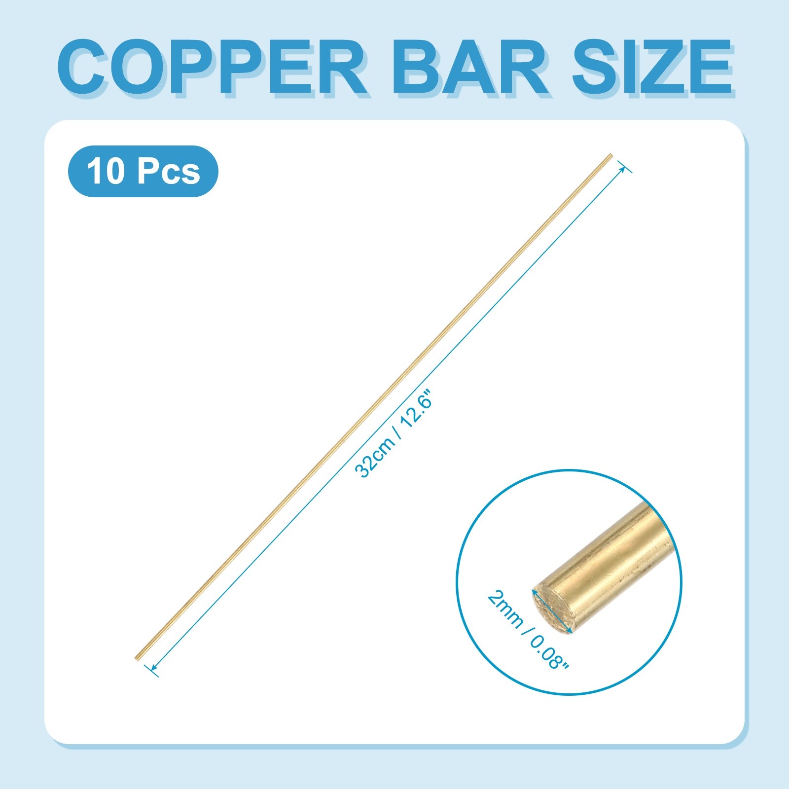 10 Pcs 2mm Dia. 32cm / 12.6 Inch Length Round Brass Rods, Brassy