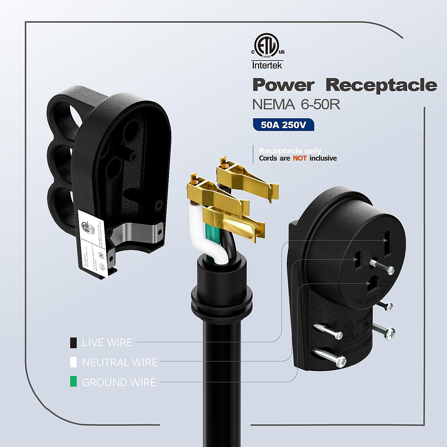 6-50R 50Amp 250V Female Welder Receptacle, 50A 250V Welder 3-Prong Female,
