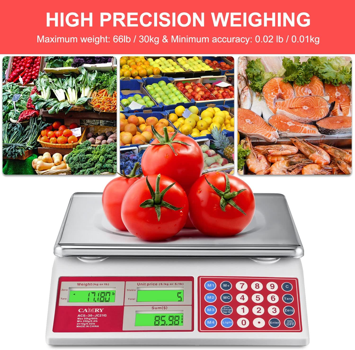 Digital Price Computing Scale 66Lb/30Kg Commercial Produce Scale with Stainless