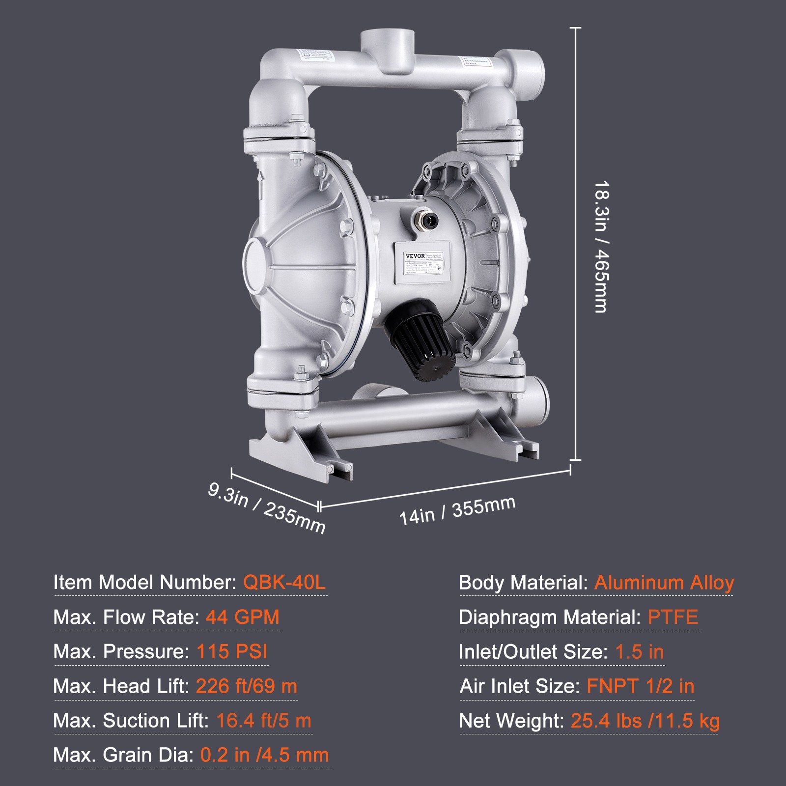 Air Operated Double Diaphragm Pump 44 GPM Max 115 PSI Air Waste Oil Pump