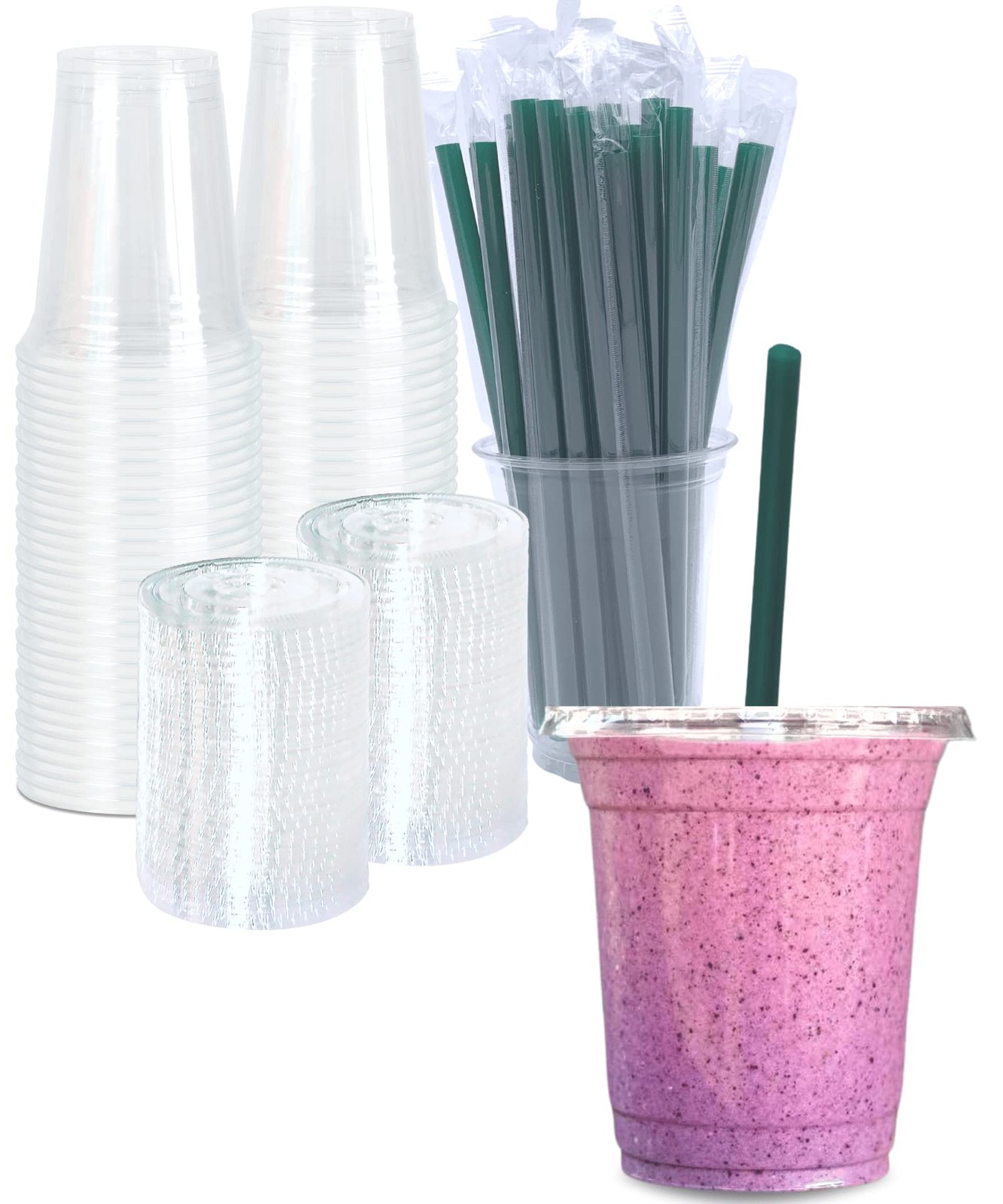 12 oz Clear Plastic Cups with Lids and STRAWS, Disposable 50 Piece Set, 12