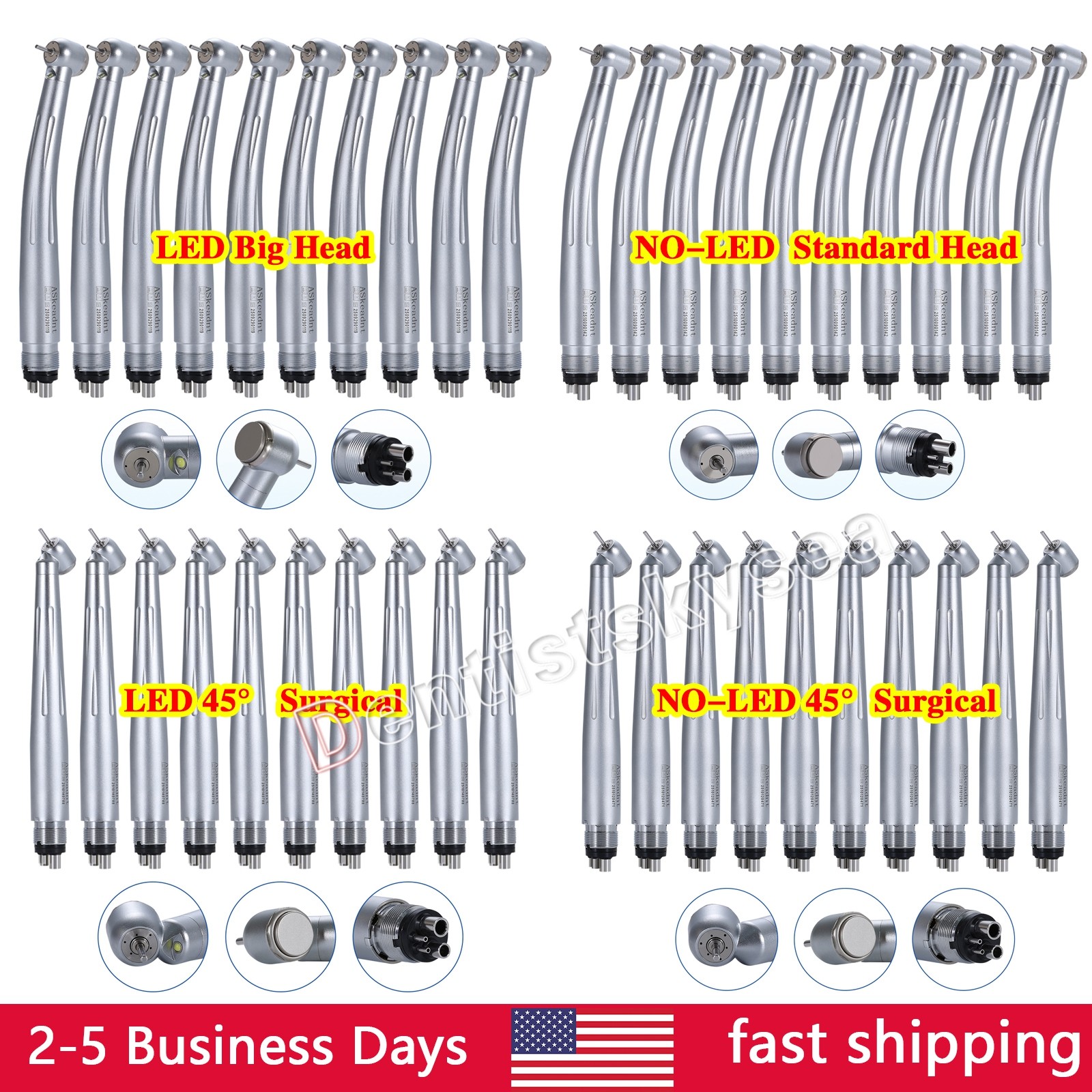 Dental LED 45° High Speed Handpiece Fiber Optic Turbine 4Holes/NO-LED Handpieces