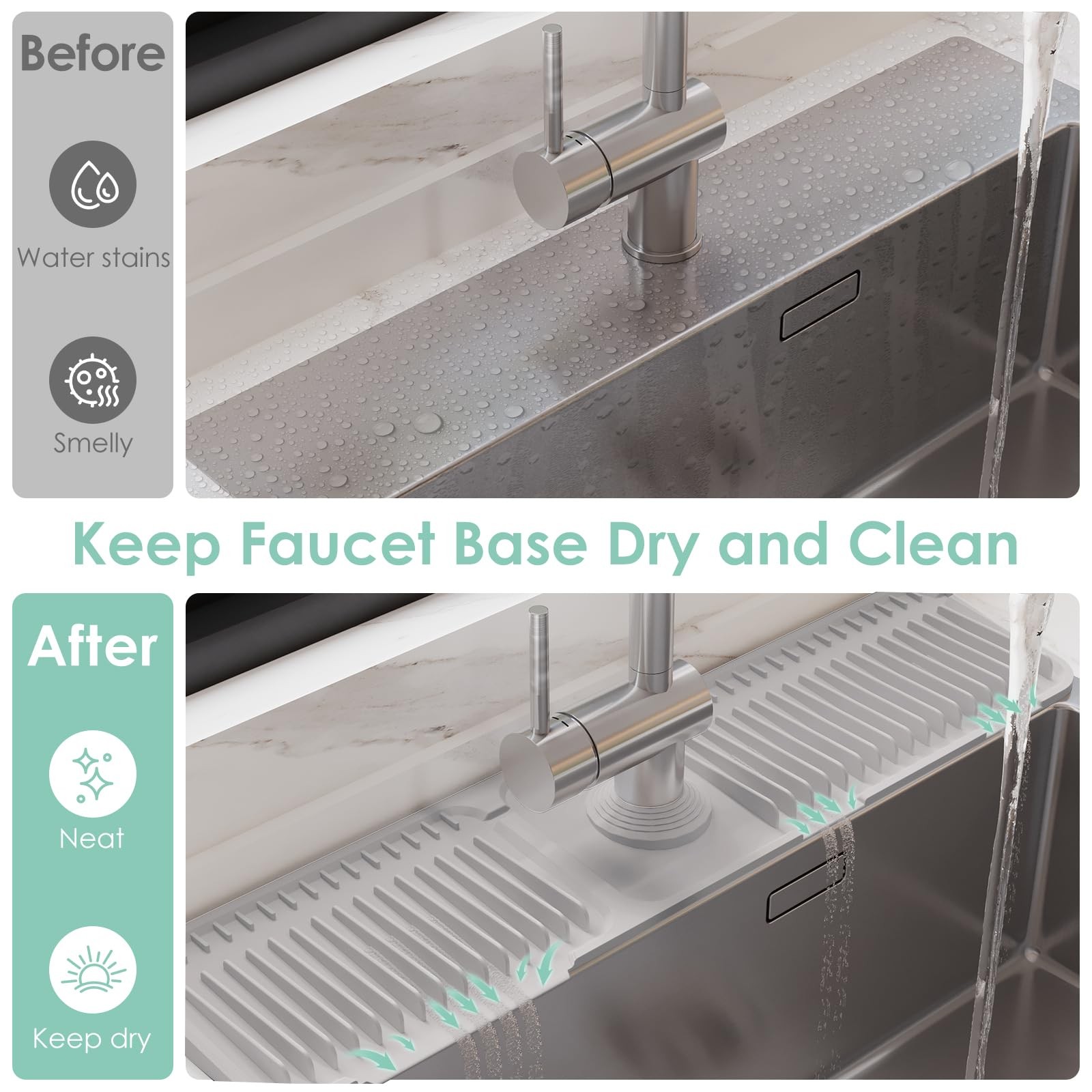 24 Inch Silicone Faucet Mat for Kitchen Sink Splash Guard – 7° Slope Water Drain