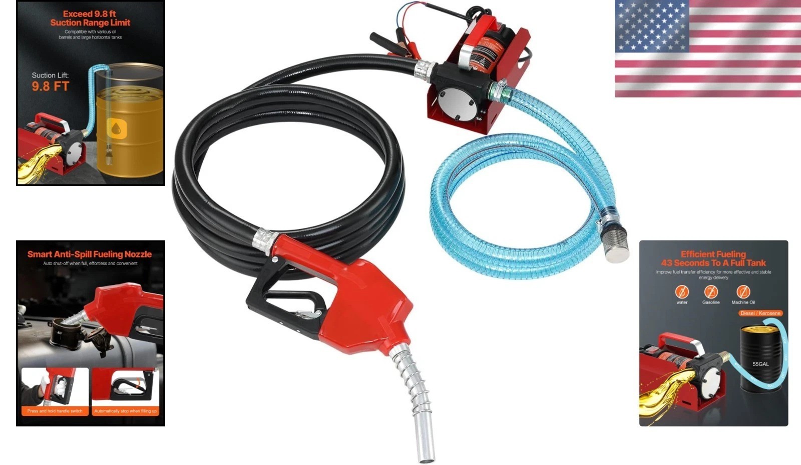 12V DC Fuel Transfer Pump – 10 GPM, Auto Shut-off, Portable, Tractor Use