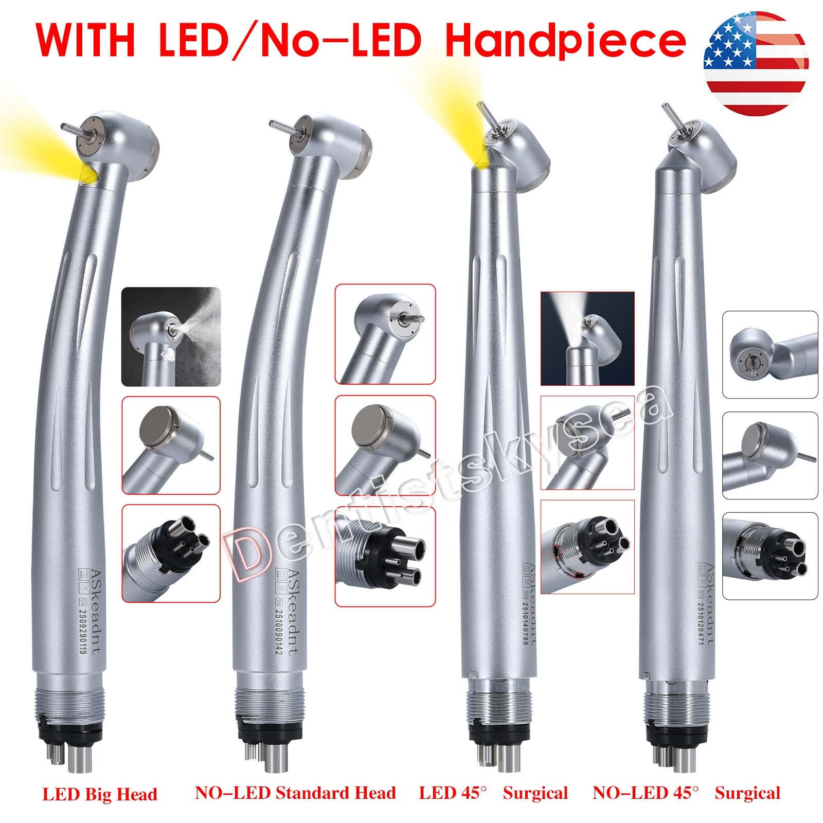 Dental LED 45° High Speed Handpiece Fiber Optic Turbine 4Holes/NO-LED Handpieces