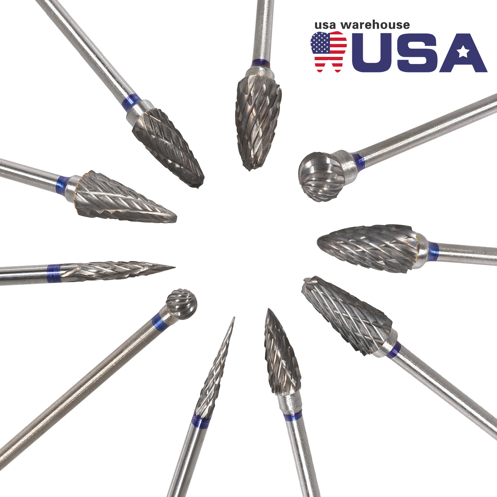 10Pcs Dental Lab 2.35MM Shank Polishing Straight Bur Drills Carbide Steel Burs