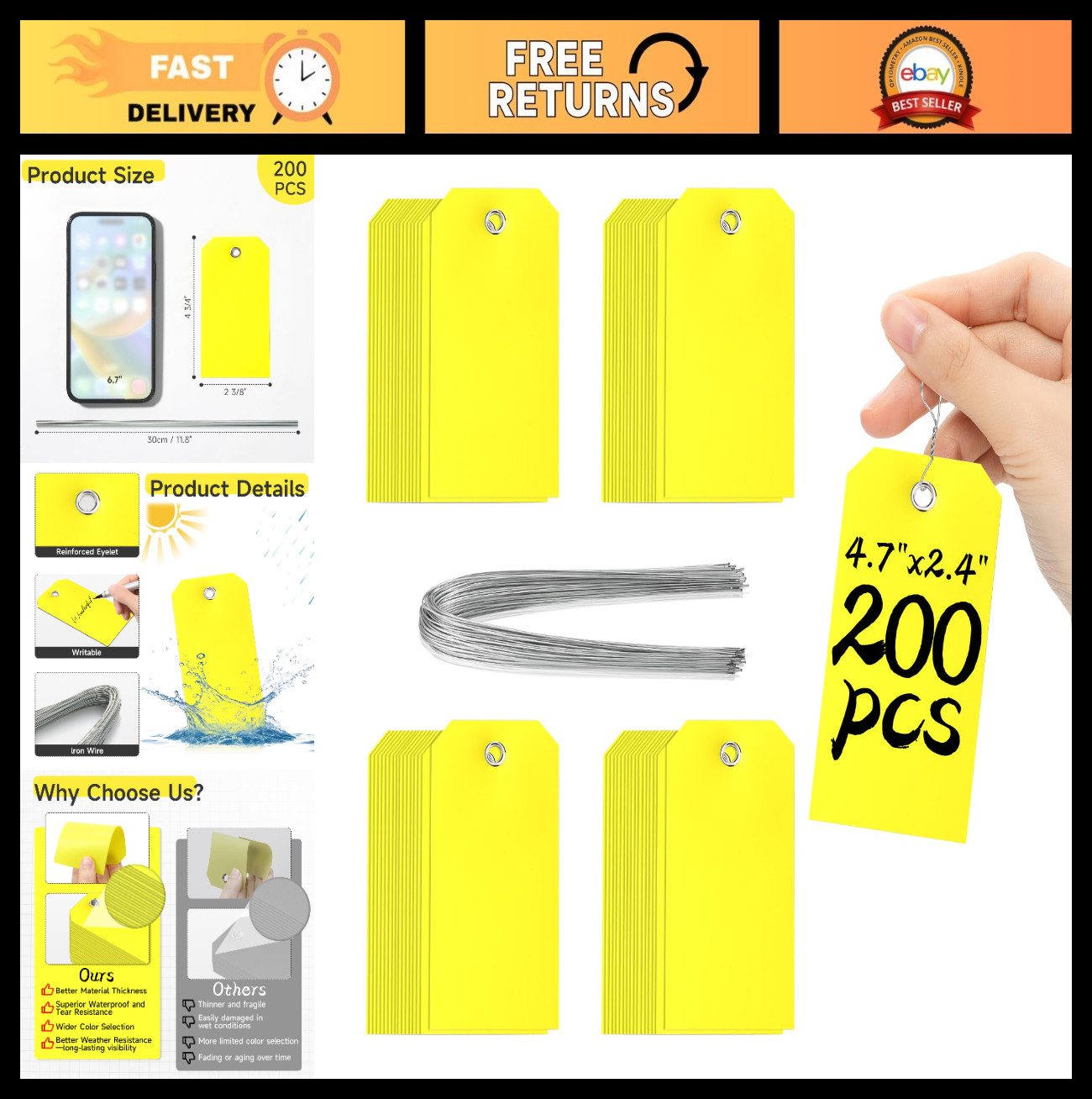 200 Waterproof Plastic Shipping Tags 4.75″x2.375″ – Heavy Duty Blank Labeling Ta